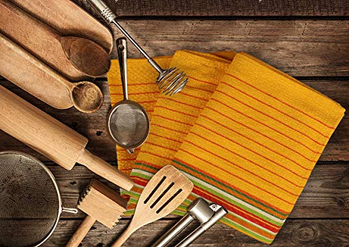 Urban Villa Mustard Waffle Stripes Kitchen Towels - Set of 6 Oversized 20x30 Inch 100% Cotton Highly Absorbent Dish Towels with Mitered Corners for Kitchen, Hand, and Tea Use