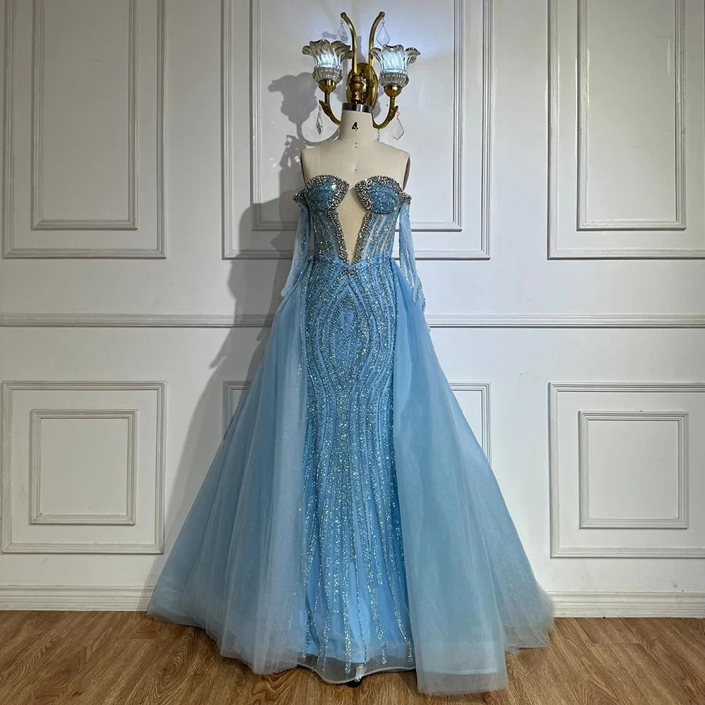 Luxury Dubai Arabia Blue Mermaid Evening Dress with Gloves & Overskirt - Formal Gown for Prom, Wedding, Red Carpet Events | Elegant Women's Party Dress LA72582