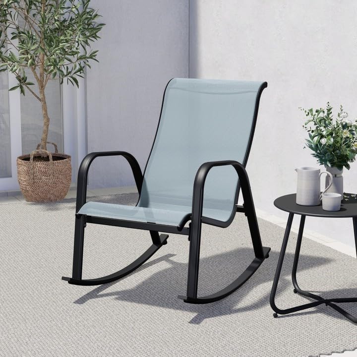 Outdoor Mesh Sling Rocking Chair - Comfortable Patio Rocker for Front Porch, Garden, Backyard & Poolside Relaxation - Breathable Blue Weather-Resistant Design