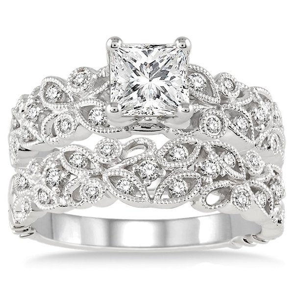 1.00 Carat Infinity Floral Antique Bridal Set with Princess Cut Diamond in 10K White Gold - Perfect for Engagement, Wedding & Anniversary Gifts