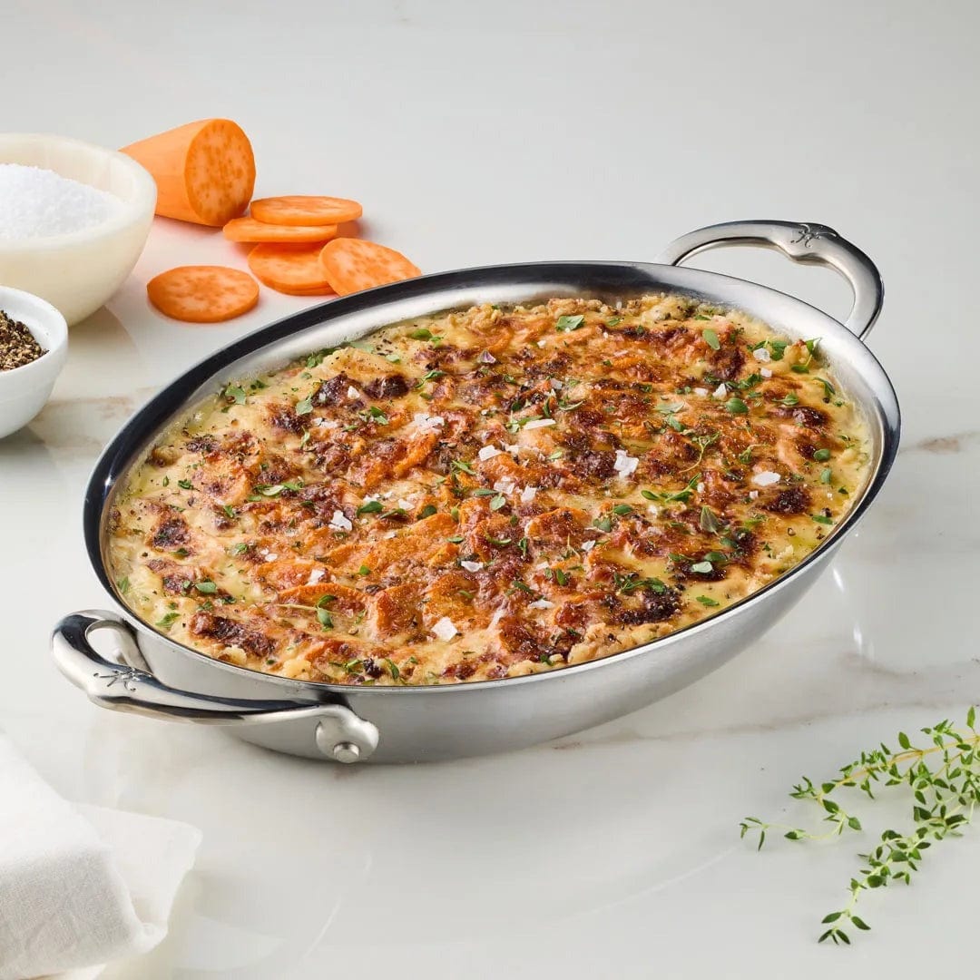 Hestan Provisions Stainless Steel Medium Clad Oval Au Gratin Dish 12.5 x 9 Inch - Perfect for Baking, Roasting & Serving Casseroles, Gratins & Side Dishes
