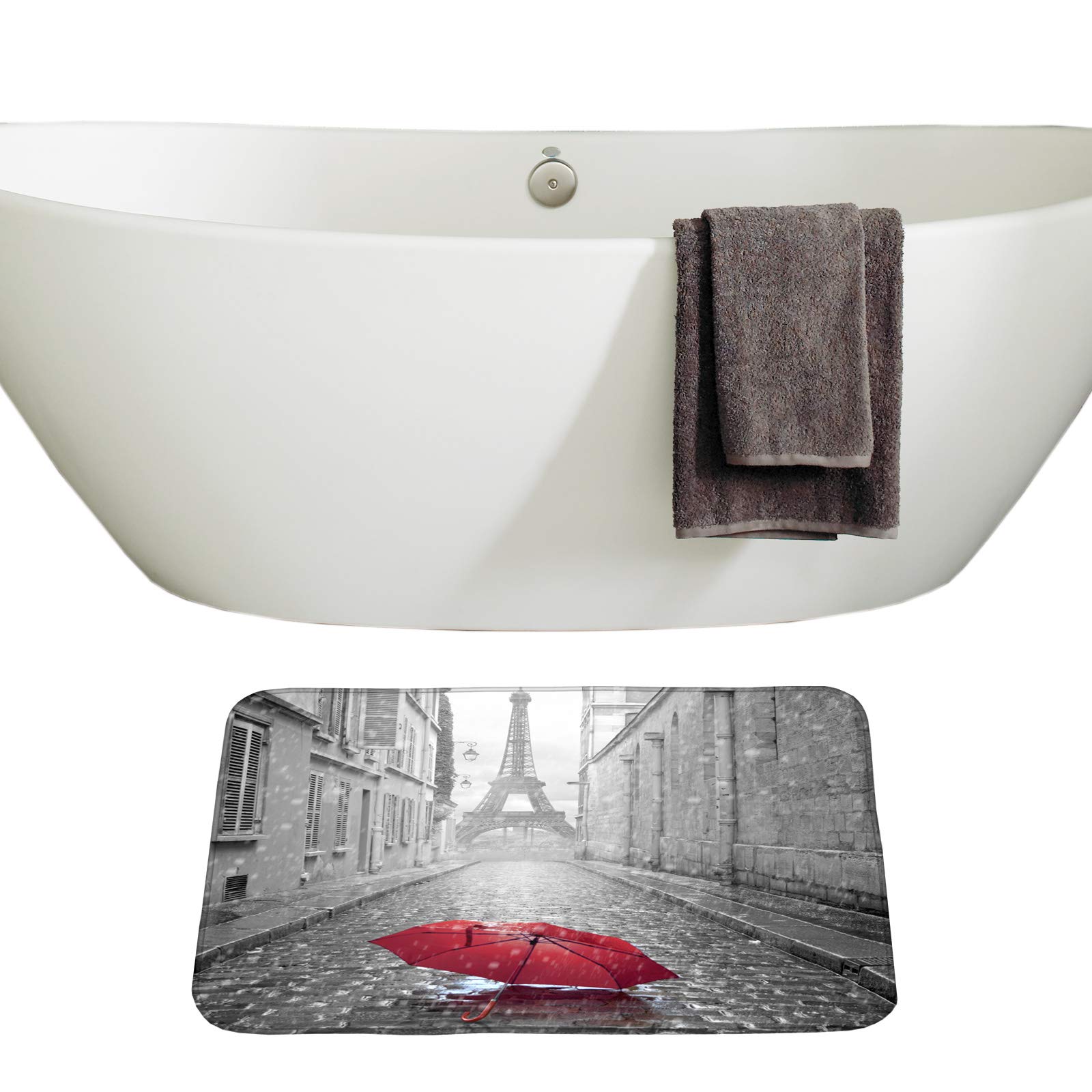Paris Eiffel Tower Themed 3-Piece Bathroom Mat Set - Non-Slip Red Umbrella Decor Bath Mat, Contour Mat & Toilet Cover - Perfect for French-Themed Bathrooms & Parisian Home Decor