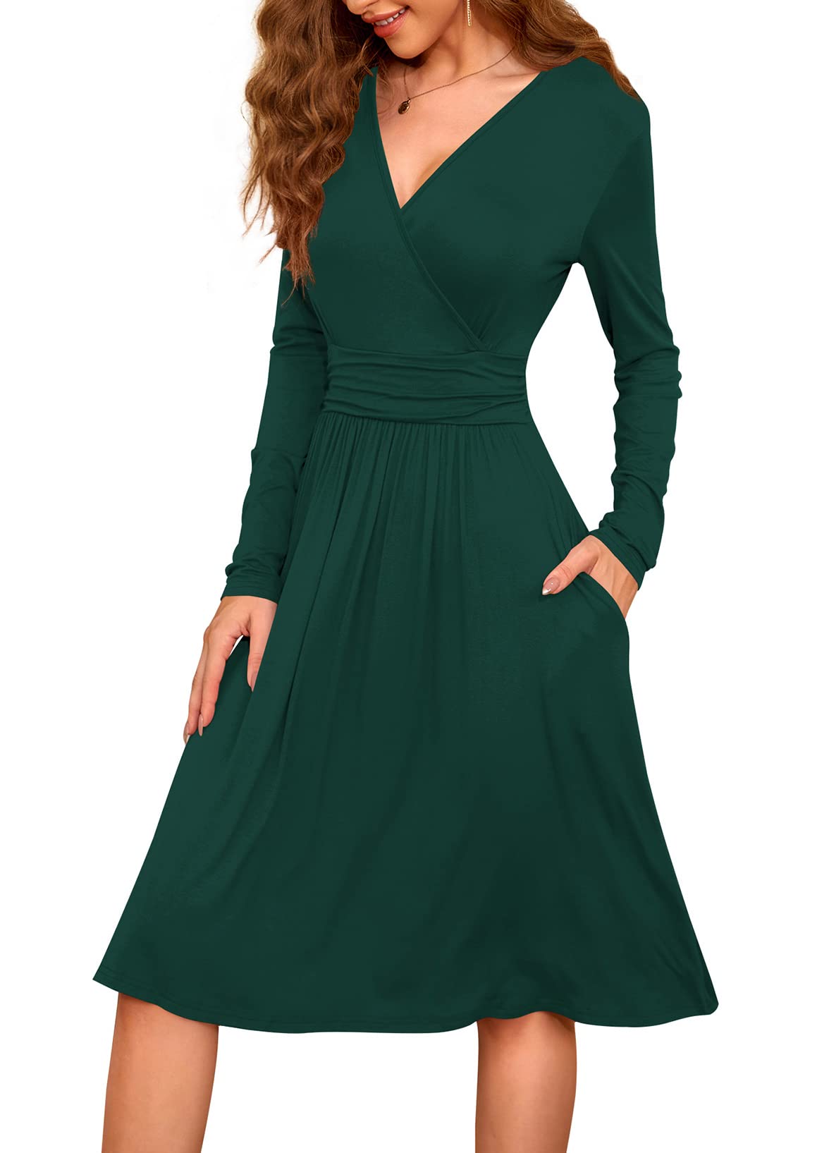 WEACZZY Women's 2025 Fall Long Sleeve V-Neck Casual Dress with Pockets - Elegant Semi-Formal Party Wear for Office, Date Night & Special Occasions