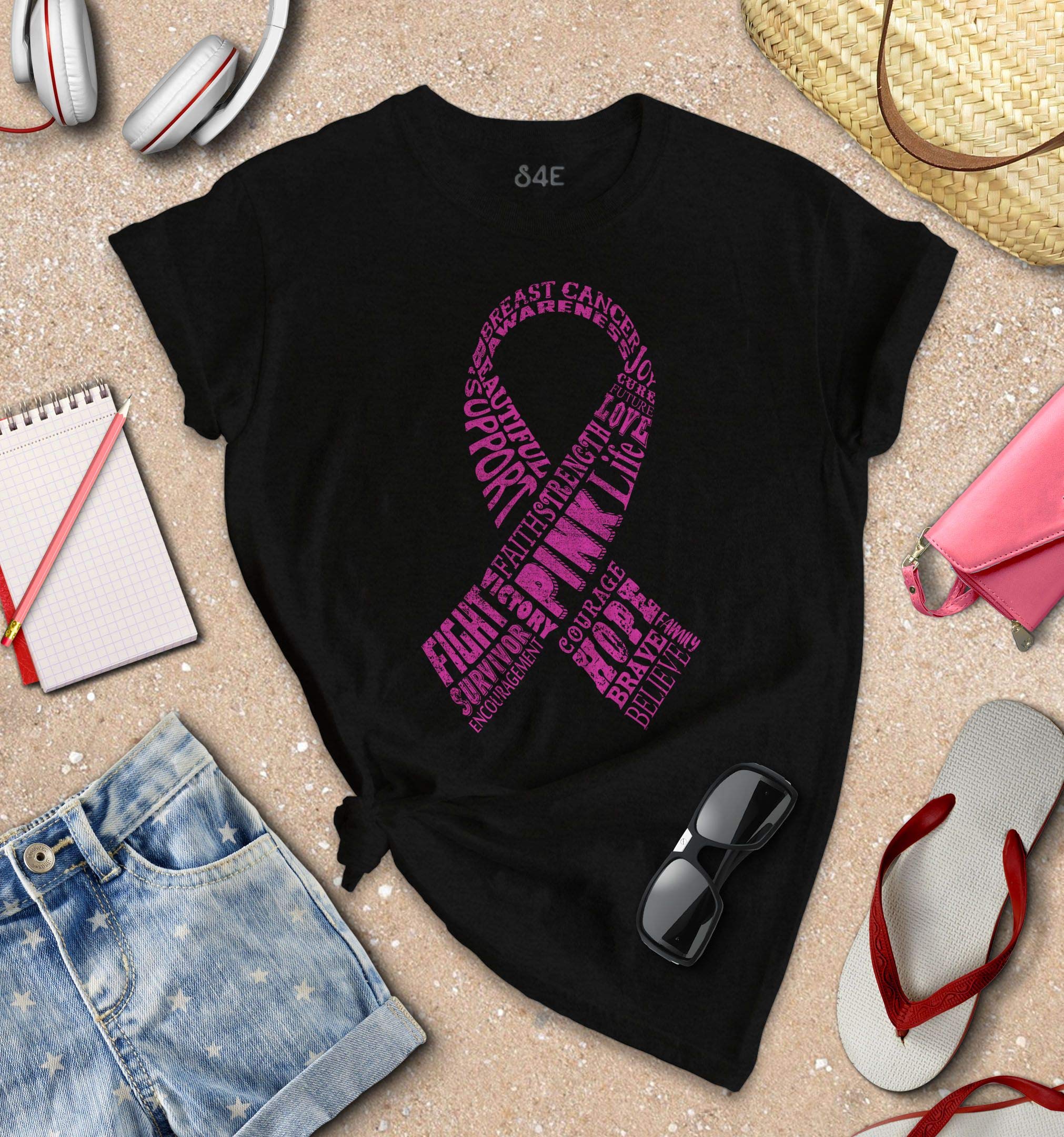 Breast Cancer Awareness Pink Ribbon Distressed Women's T-Shirt - Support Survivors & Fight Cancer - Perfect for Fundraisers, Walks & Awareness Events