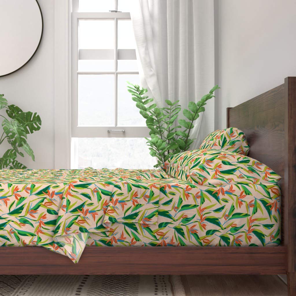 Spoonflower 100% Cotton Twin Sheet Set 3pc - Tropical Bird Paradise Floral Print Coastal Beach Design | Soft Breathable Bedding for Guest Room, Vacation Home & Boho Decor