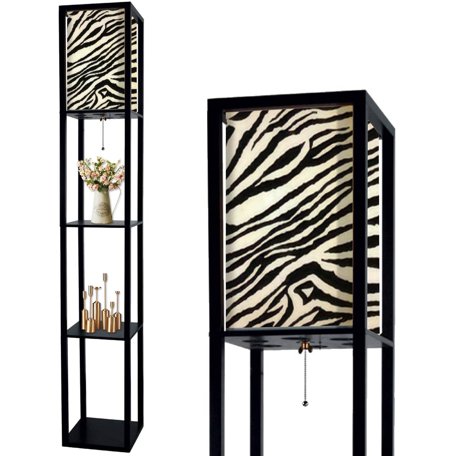 Modern Black and White Zebra & Tiger Stripes Floor Lamp with Shelves - Seamless Animal Print Design, Linen Fabric Shade, Tall Corner Standing Lamp with LED Lighting for Living Room, Bedroom, Office Decor | Perfect for Reading Nook, Nightstand Lighting, and Contemporary Home Accent
