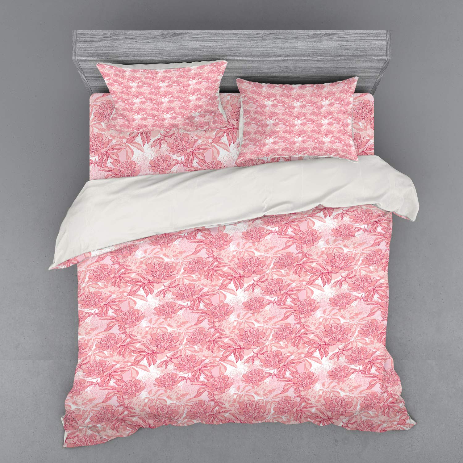 Ambesonne Rose Duvet Cover Set - King Size 4-Piece Bedding with Peony Foliage Hand-Drawn Illustration | Monochrome Spring Theme in Magenta, White & Rose | Perfect for Master Bedroom, Guest Room & Spring Home Decor