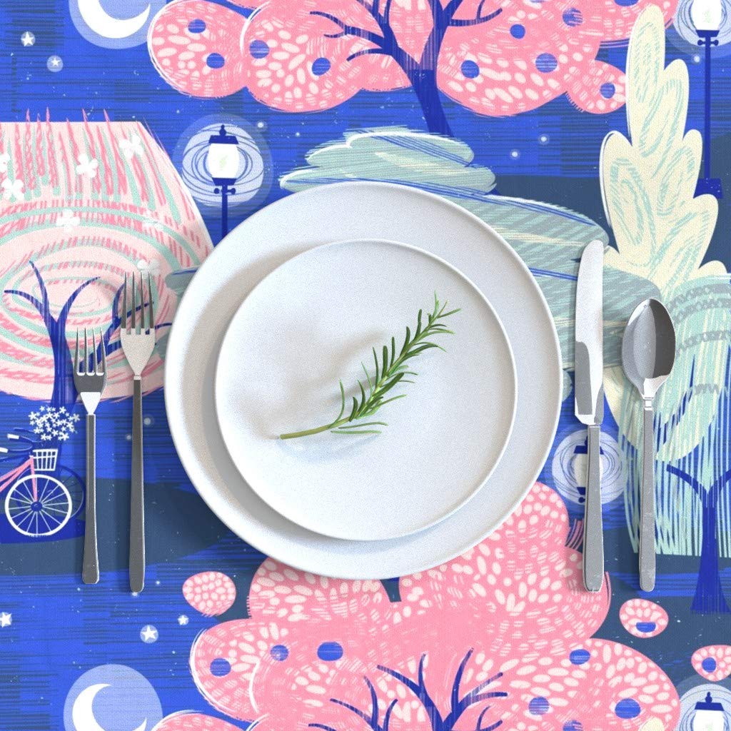 Custom Blue Bicycle Floral Print Cotton Sateen Tablecloth 70x108 Inch - Night Park Cobalt Cycling Design for Dining Room, Kitchen, Party & Outdoor Picnic Decor