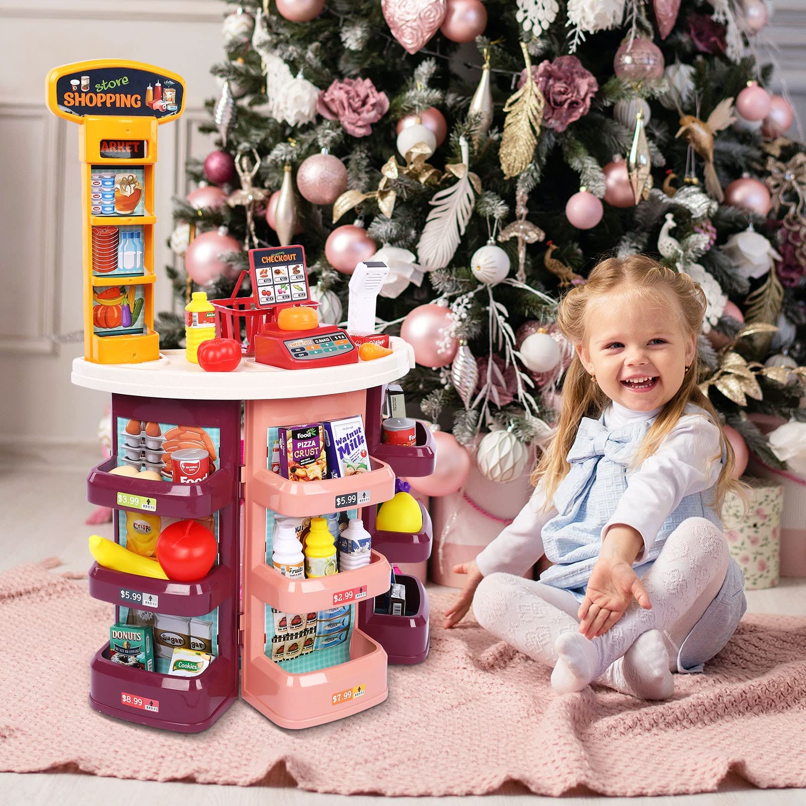 DondPO Kids Grocery Store Play Set - Supermarket Pretend Play with Toy Cash Register & Shopping Cart - Fun Role Play Toy for Toddlers & Preschoolers (Indoor/Outdoor Pretend Store Game)