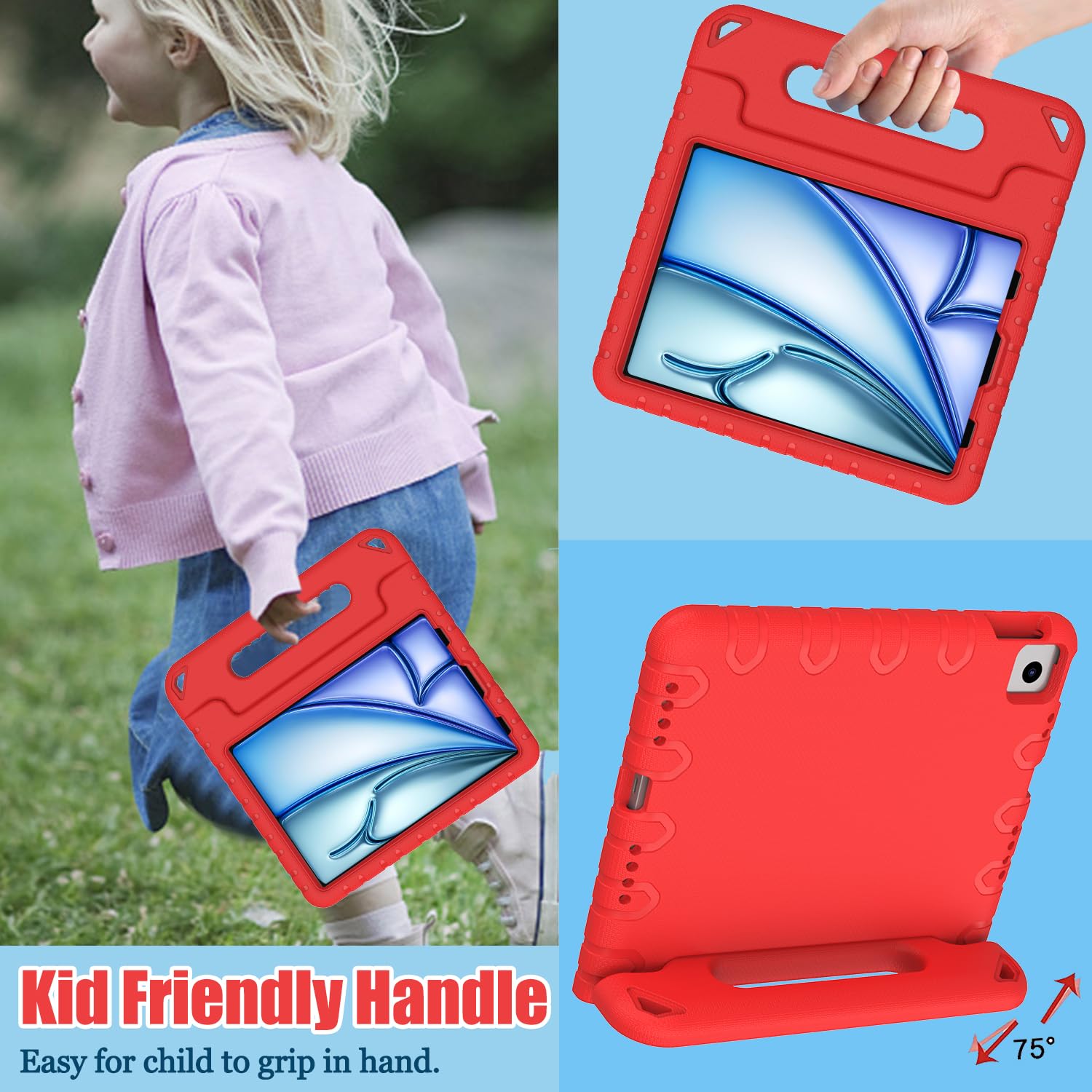 AVAWO Shockproof Kids iPad Case with Handle Stand - Lightweight Protective Cover for iPad Air 5th/4th Generation & iPad Pro 11 (2018) - Perfect for School, Travel & Home Learning (Red)