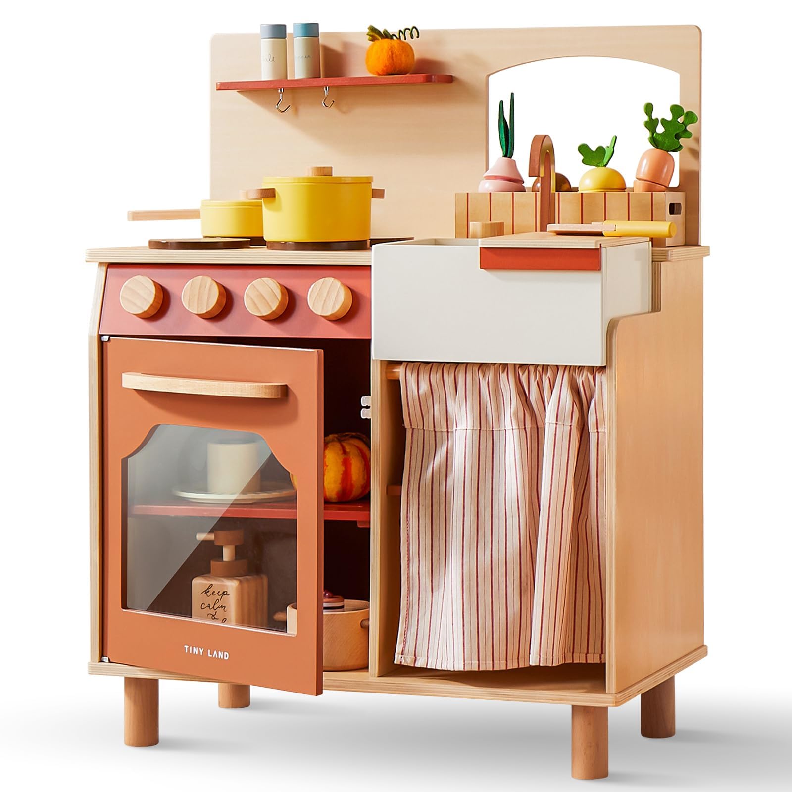 Tiny Land Wooden Play Kitchen Set for Toddlers - Farm Style Toy Kitchen with Cutting Food Playset - Best Educational Gift for Girls & Boys - Perfect for Pretend Play, Role Playing & Early Learning at Home