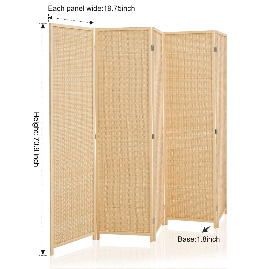 5 Panel Bamboo Room Divider Privacy Screen - Freestanding Natural Beige Folding Partition for Home Office, Bedroom & Living Room Space Separation