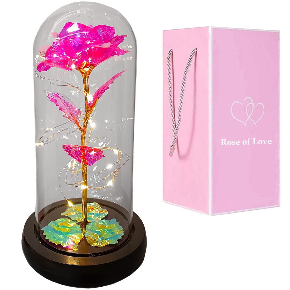 Romantic Valentine's Day Gifts for Her - Pink Rose in Glass Dome with LED Lights, Unique Birthday Anniversary Present for Wife, Girlfriend, Mom | Perfect for Bedroom Decor, Wedding Centerpiece & Special Occasion Gift Giving