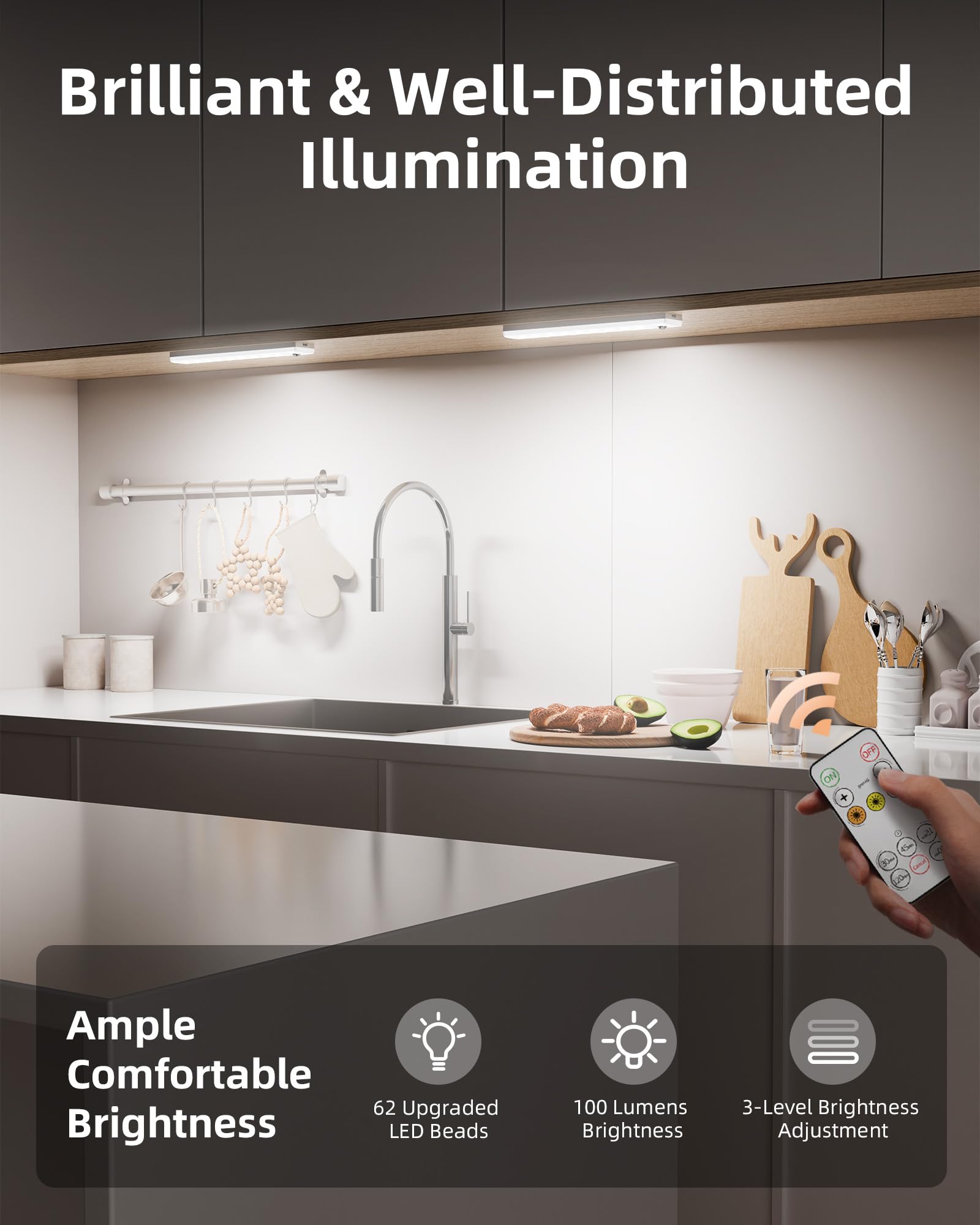 EZVALO 6-Pack Rechargeable Under Cabinet LED Lights with Motion Sensor - 3 Color Temperatures, Dimmable 62 LEDs, Wireless Remote Control - Perfect for Kitchen, Pantry, Closet, and Cabinet Lighting