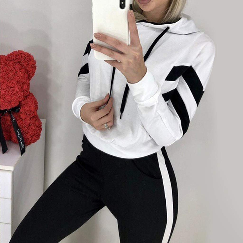 YUTRD Women's Hooded Tracksuit Set - 2 Piece Long Sleeve Sweatshirt & Joggers - Spring 2020 Striped Athletic Outfit for Running, Gym & Casual Wear (Medium, Color A)