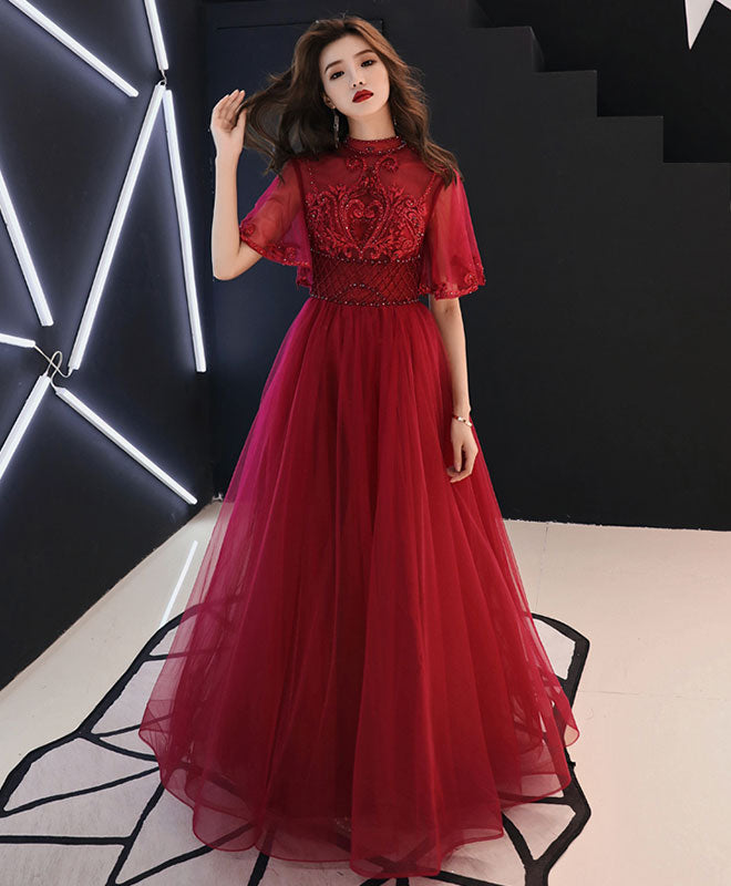 Elegant Burgundy Tulle Lace Long Prom Dress for Women - Formal Evening Gown for Homecoming, Wedding, and Special Occasions