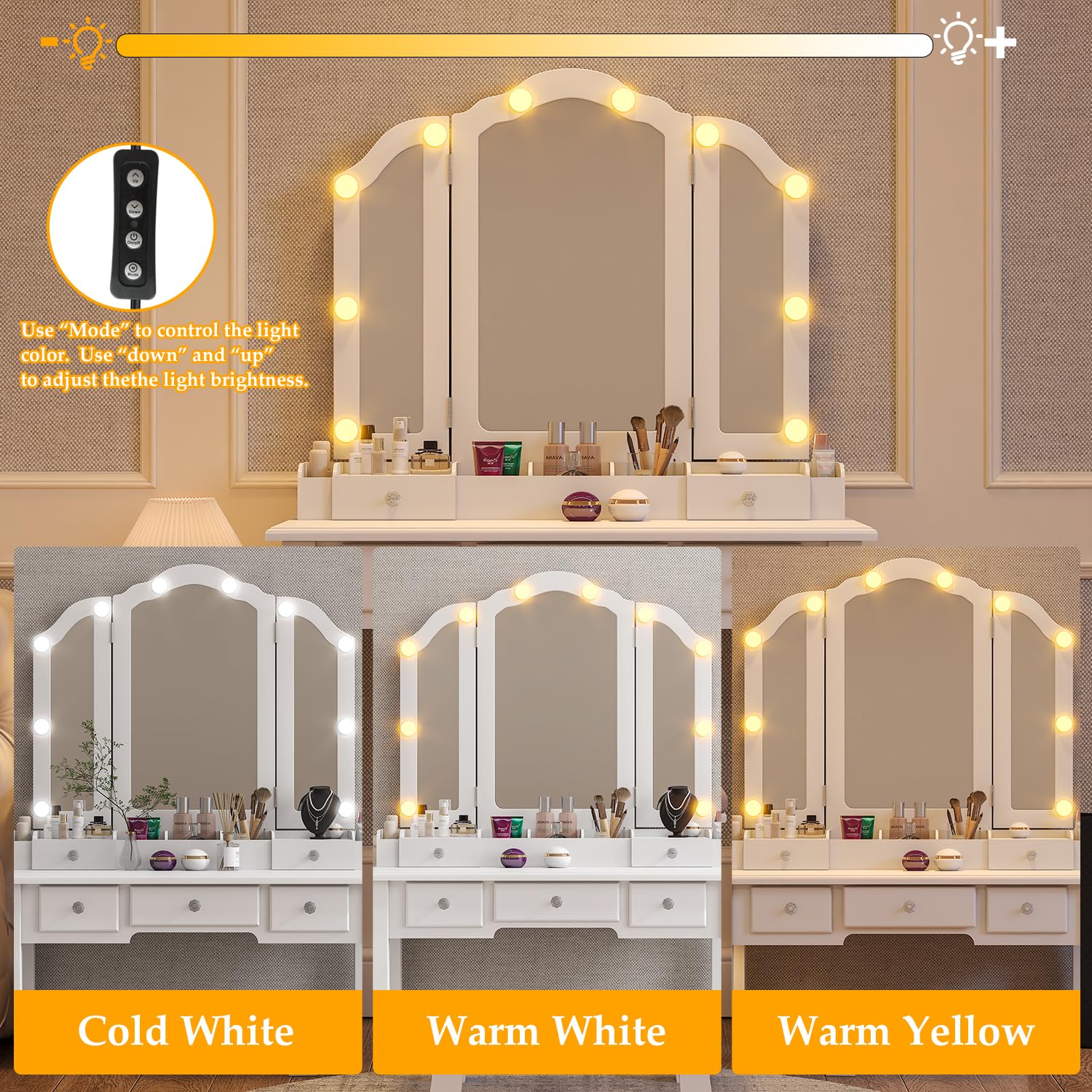 Lighted Makeup Vanity Desk with Mirror, Drawers & Stool - Hollywood Style Dressing Table with LED Lights for Bedroom, Beauty Salon & Home Decor