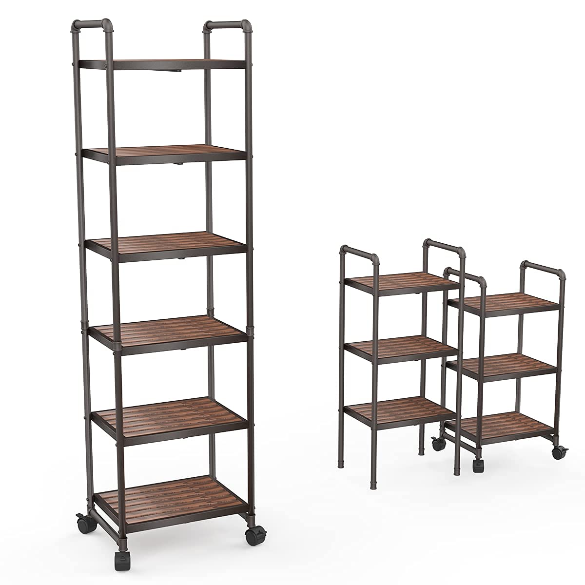 DKLGG 6-Tier Wooden Storage Shelf - Slim Rolling Cart with Sturdy Metal Frame - Freestanding Organizer for Kitchen, Bathroom, Pantry, Laundry & Garage - Perfect for Plants, Books & Home Organization