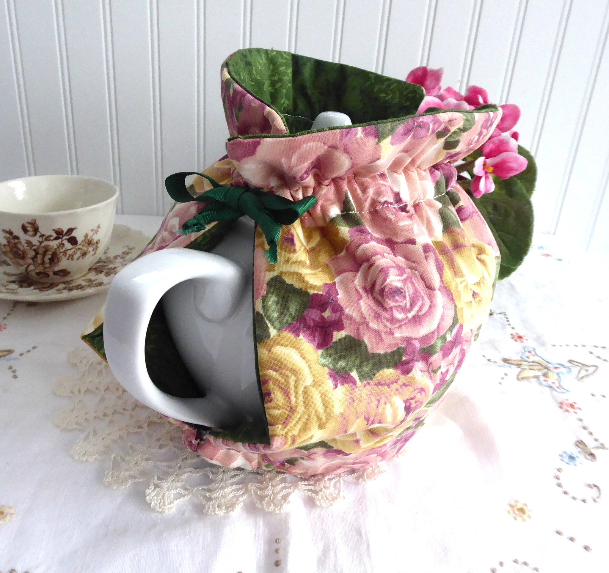 Reversible Tea Cozy with Lush Roses - Padded Pink, Yellow & Green Lining - Handmade in USA | Perfect for Tea Parties & Cozy Afternoons