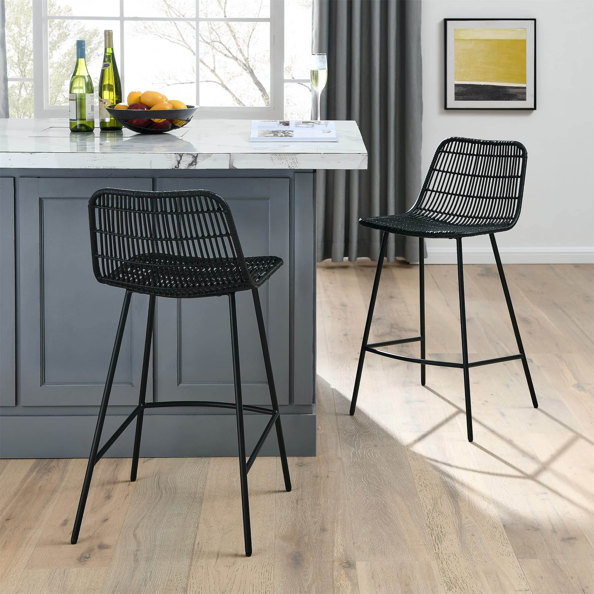 DERCASS Set of 2 Natural Rattan Counter Stools with Black Steel Legs - Kitchen Bar Chairs for Indoor Dining, Breakfast Nook & Home Decor