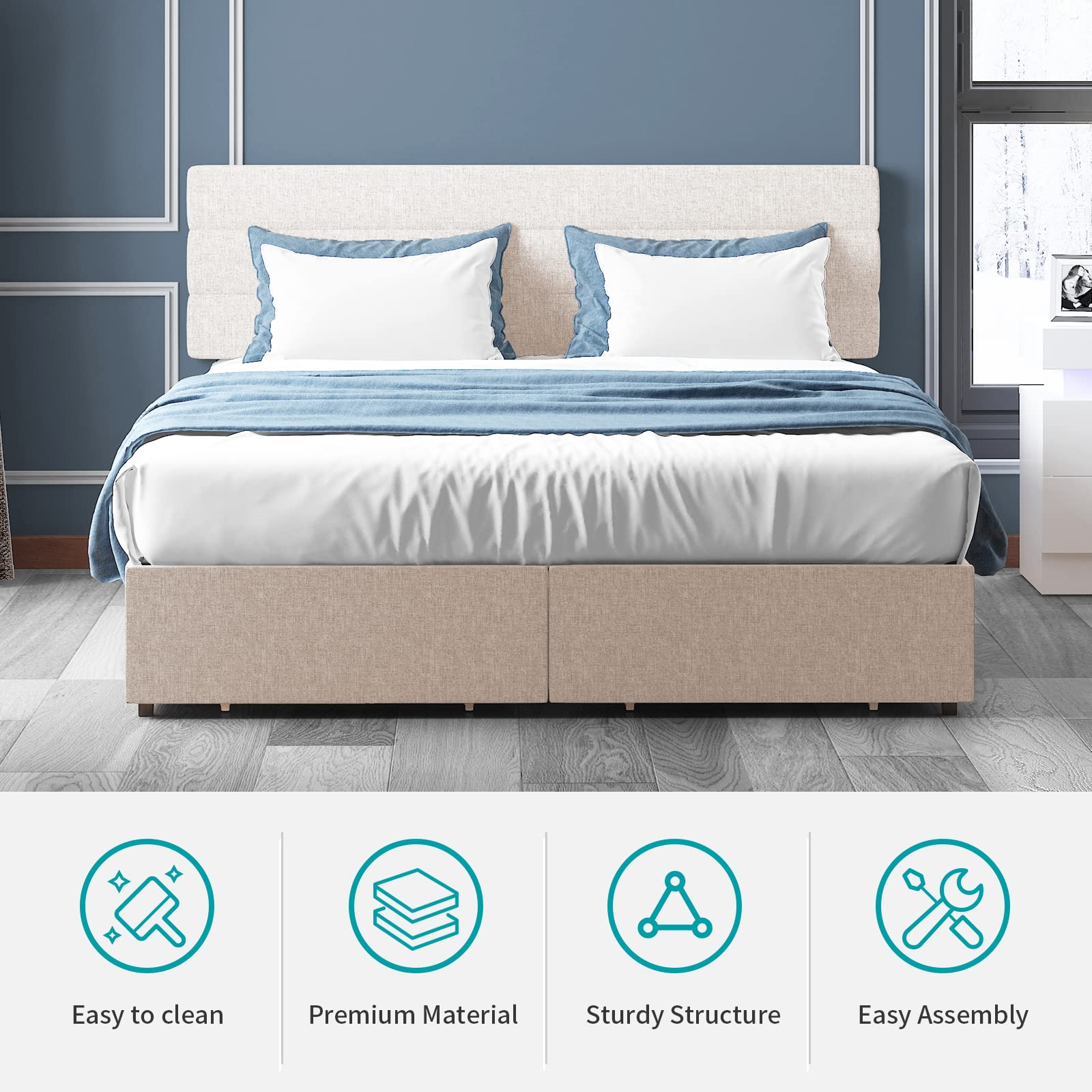 BALUS King Size Upholstered Platform Bed Frame with Large Storage Space, Mobile Wheels & Adjustable Headboard - Beige (King) | Perfect for Small Bedrooms, Guest Rooms & Modern Home Decor