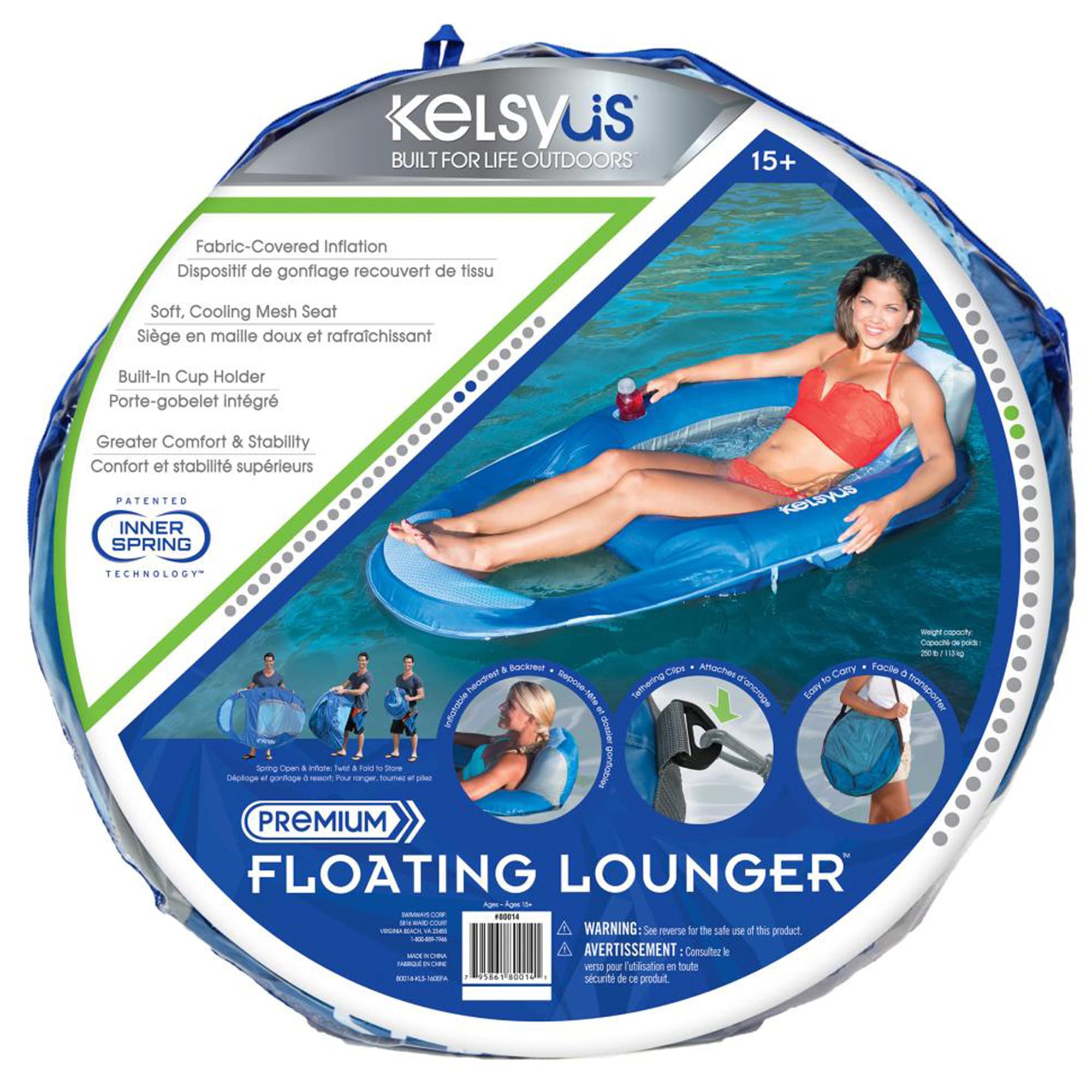 Kelsyus Inflatable Floating Pool Lounger Chair - 2 Pack Blue with Cup Holder & Clips - Perfect for Relaxing in Swimming Pools, Lakes, and Beaches