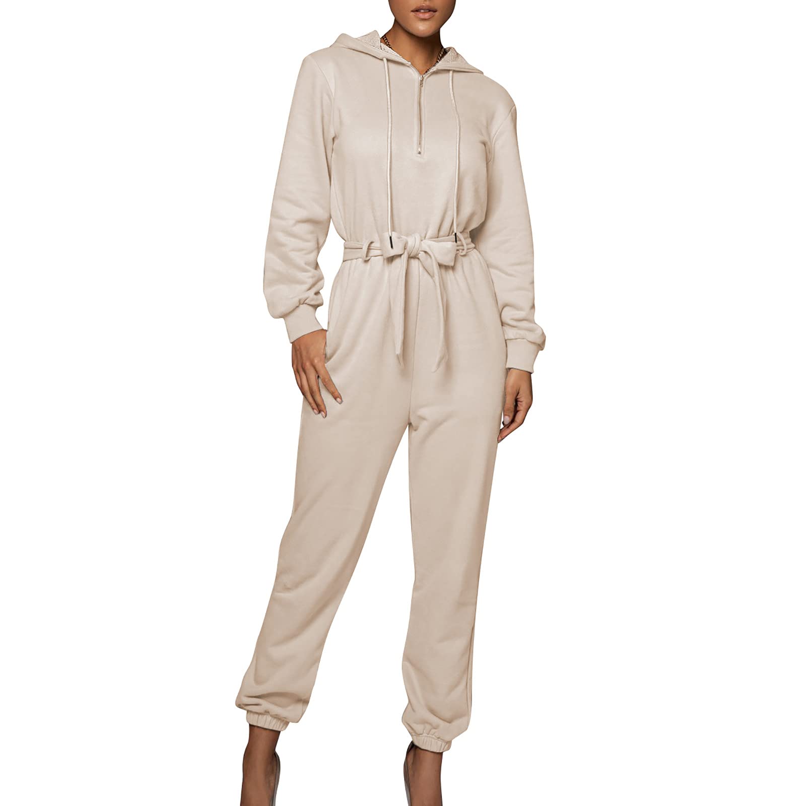 Women's Long Sleeve Lace-Up V-Neck Hooded Jumpsuit - Solid Color Romper for Sleepwear, Casual Wear & Club Outfits | Comfortable & Stylish One-Piece Outfit for Lounge, Night Out or Street Fashion