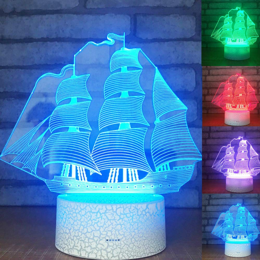 3D Sailboat Night Light LED Touch Control Table Lamp - 7 Color Changing Optical Illusion Lamp for Kids Room, Bedside, Nursery, Office Desk, Christmas Decor & Birthday Gift (Home Decor, Children's Toy)