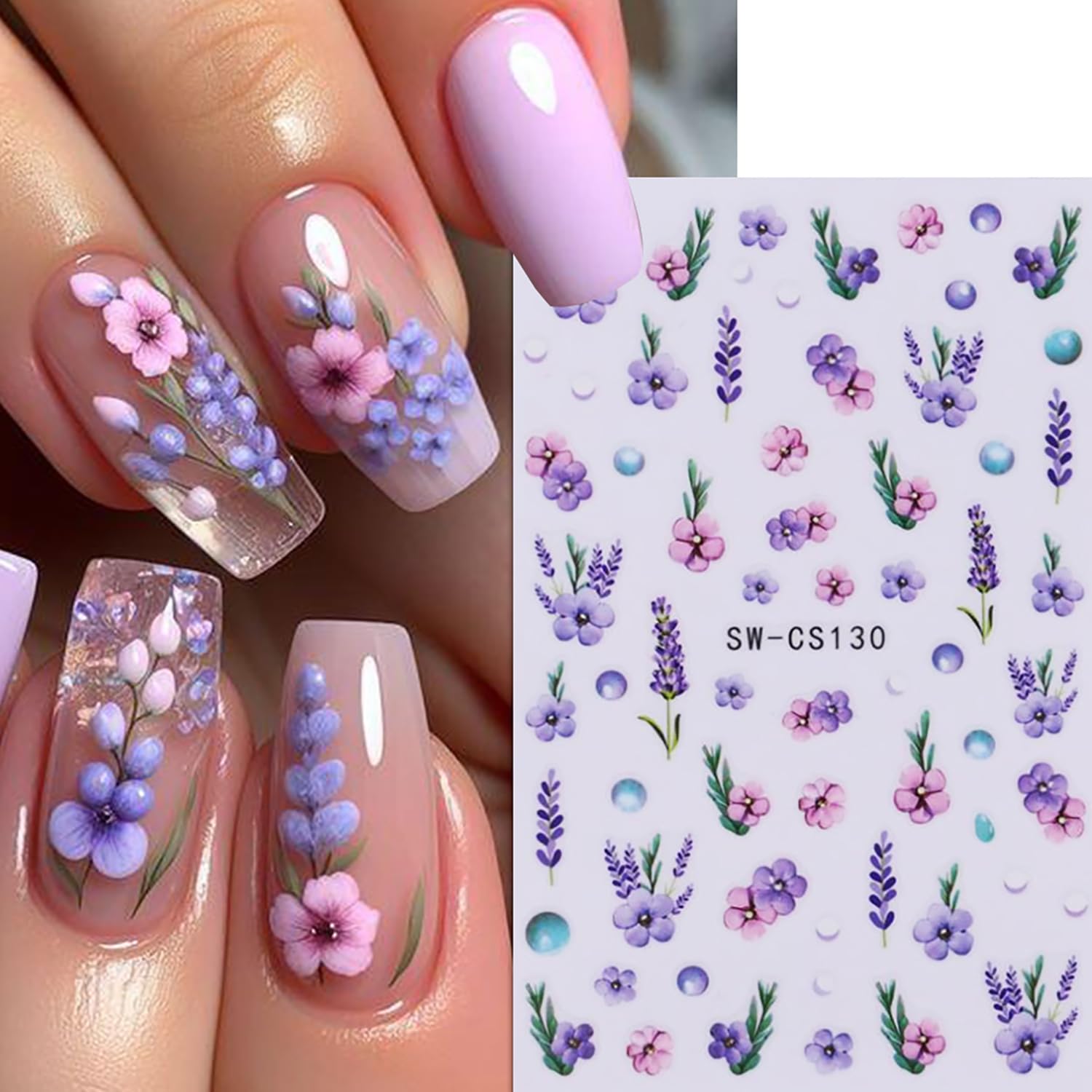 3D Self-Adhesive Lavender Floral Nail Stickers - 6PCS Spring Nail Art Decals with Pink Blue Flower Designs | DIY Nail Decorations for Women | Perfect for Spring Parties, Weddings & Everyday Nail Art