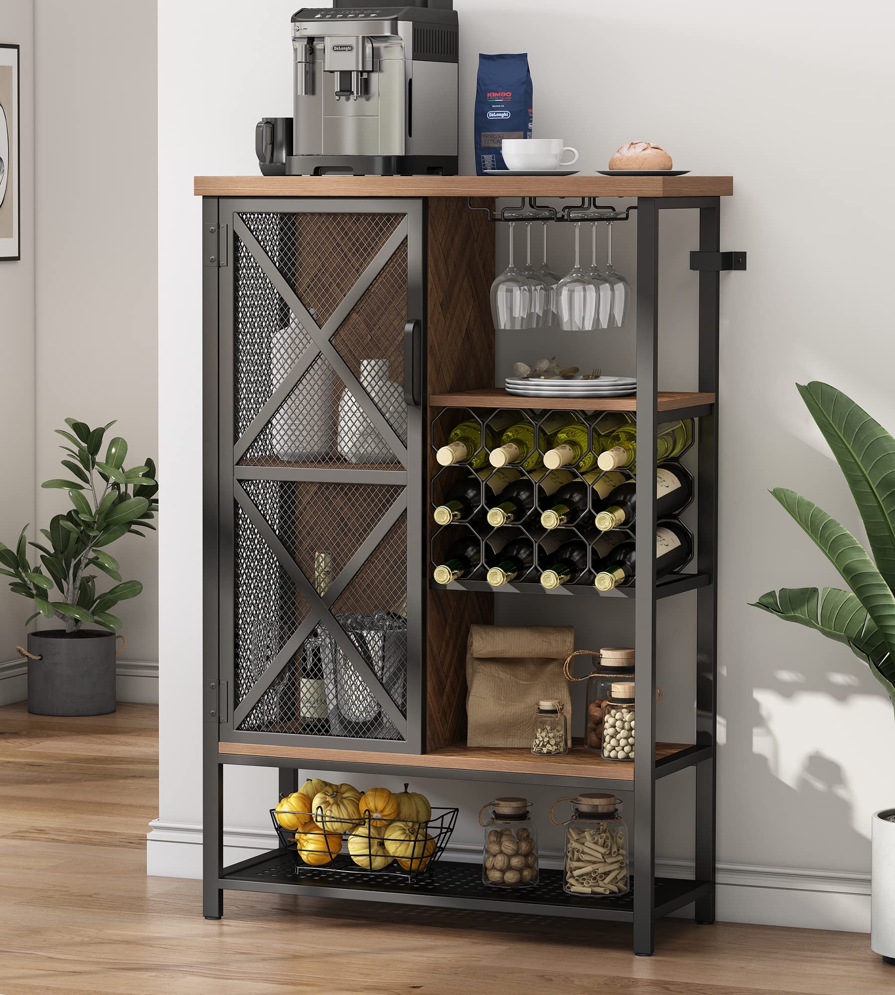 HOMYSHOPY Multifunctional Liquor Cabinet with Wine Rack & Metal Door - Freestanding Coffee Bar Cabinet, Home Bar Storage for Wine & Liquor, Buffet Sideboard with Glass Holder (Brown) - Perfect for Living Room, Dining Room & Home Bar Decor