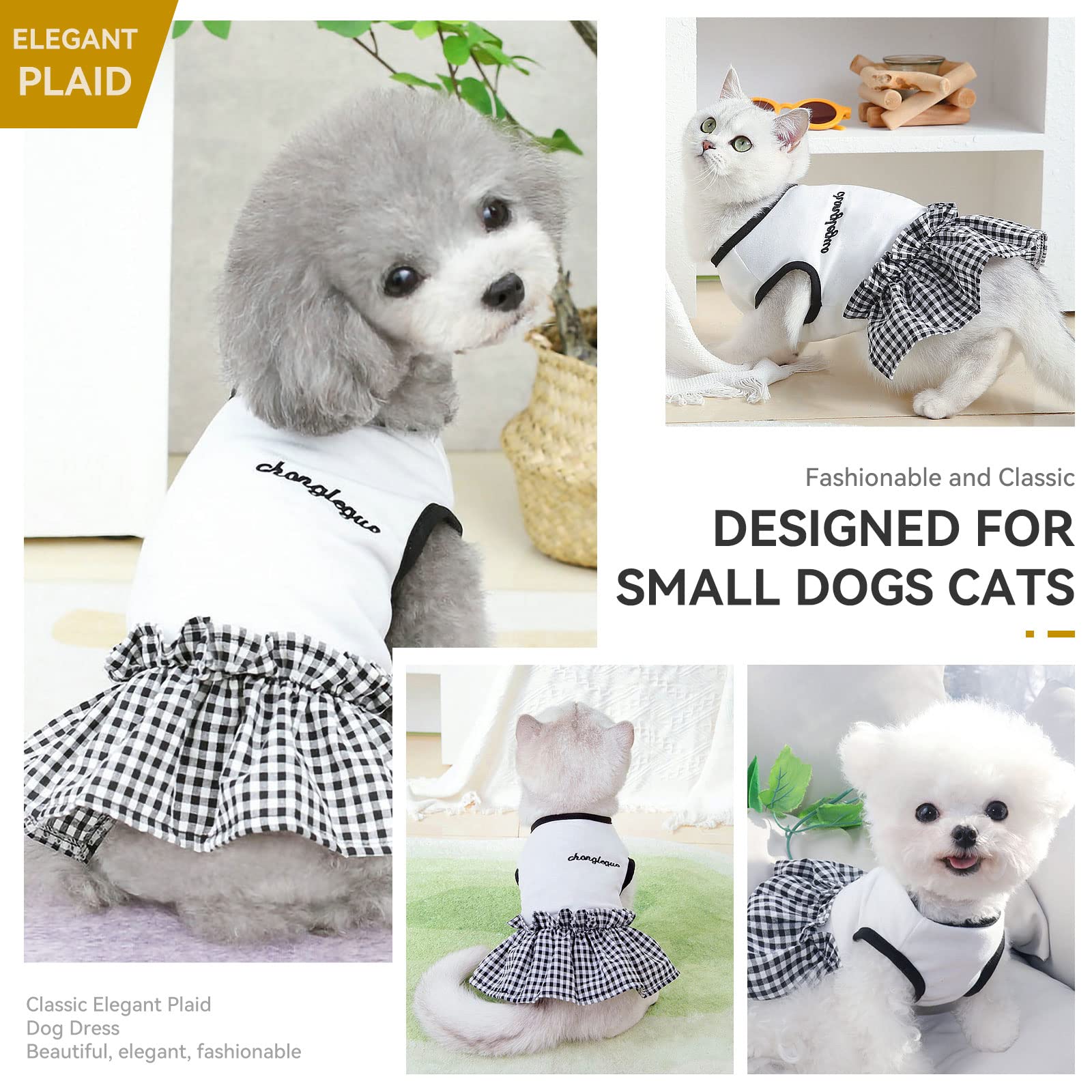 PETCARE Classic Black Plaid Dog Dress - Soft & Cute Summer Shirt for Small Dogs | Shih Tzu, Pomeranian, Chihuahua, Yorkie Puppy Outfits | Perfect for Daily Walks, Pet Parties & Photo Shoots (White, Large)