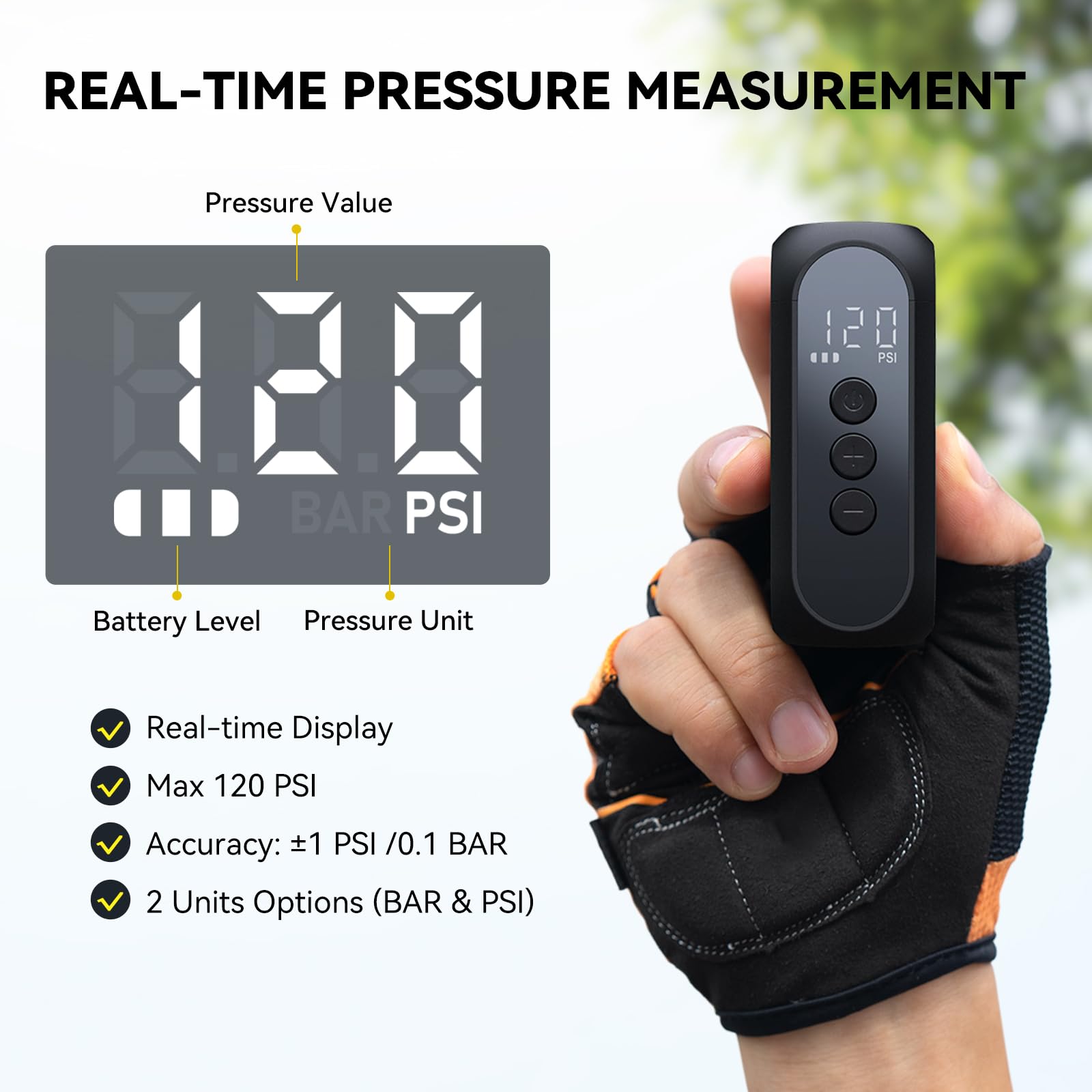 Rechargeable Electric Bike Pump 120 PSI - Mini Portable Tire Inflator with Auto Stop, Presta & Schrader Valve for E-Bike, Mountain, City & Road Bicycles - Perfect for On-the-Go Cycling & Emergency Tire Inflation
