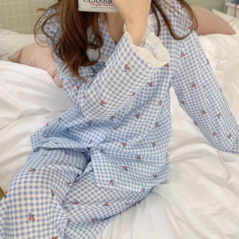 AUBERSIT Women's Kawaii Cherry Print Flannel Pajama Set with Lace Trim - Cozy Sleepwear & Loungewear - Blue Plaid Pajamas Size XL - Perfect for Sleepovers, Relaxing at Home & Gift Giving