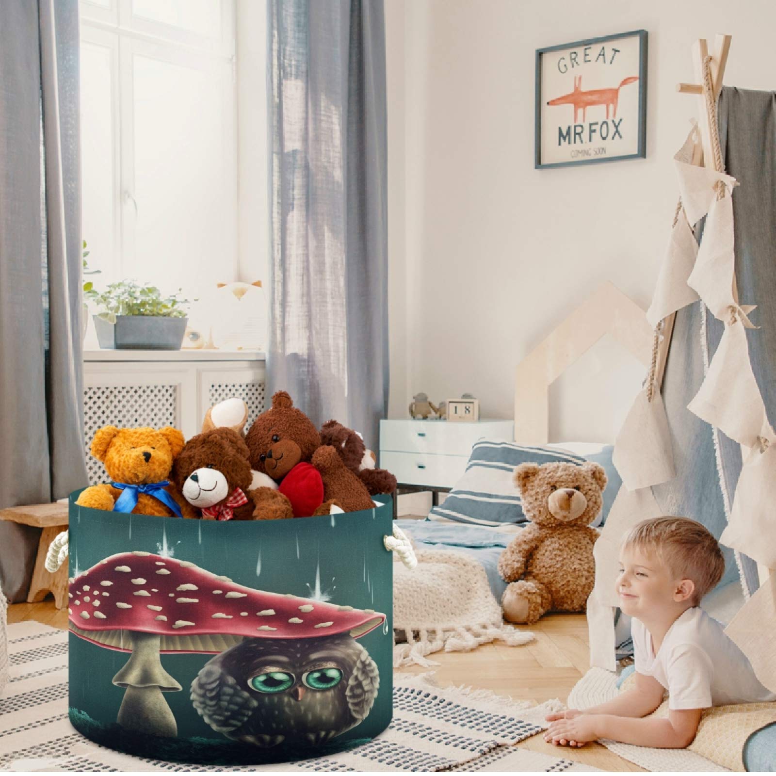 Visesunny Owl Storage Basket - Mushroom-Themed Canvas Fabric Toy Organizer Bin for Kids' Room, Playroom, Shelves & Laundry | Nursery Decor, Toy Storage Solution, Cute Animal Hamper for Bedroom Organization