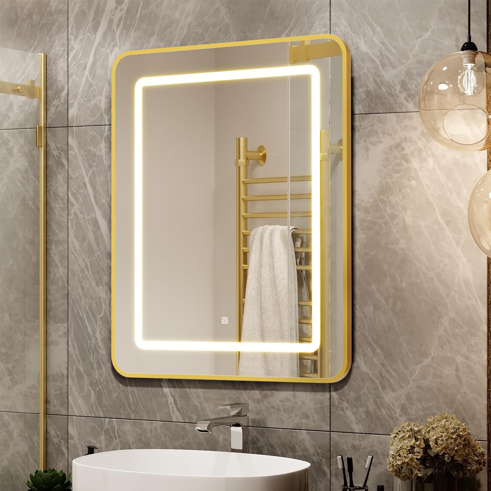 APRILSOUL 24x30 Inch Gold Bathroom Medicine Cabinet with Mirror - Recessed/Surface Mount LED Mirror Cabinet with Adjustable Color Temperature (3000K/4000K/6000K) & Dimmable Lighting - Perfect for Modern Bathrooms, Vanities, and Makeup Areas