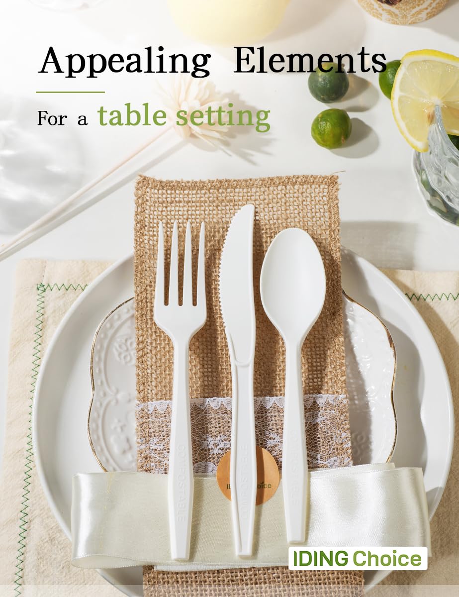 200 Count Compostable Forks - Heavy Duty Disposable Cutlery Set, Eco-Friendly White Flatware for Parties, Weddings, BBQs & Outdoor Events (Plastic-Free, Biodegradable Utensils) - Perfect for Office Lunches, Picnics, and Sustainable Dining