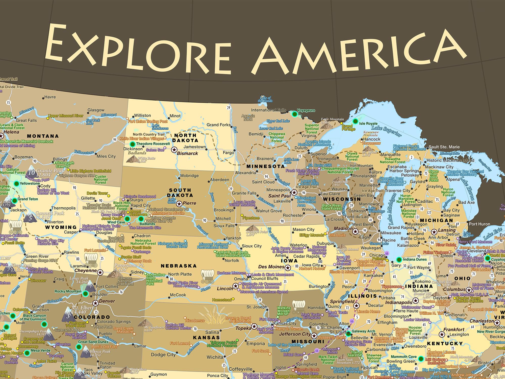Personalized USA National Park Map with Pins - Custom Push Pin Travel Map for US National Parks, State Landmarks & Highest Peaks - Brown Edition Framed Map or Stretched Canvas (Includes 500 Pins) - Perfect for Travel Enthusiasts, Home Decor & Adventure Gifts