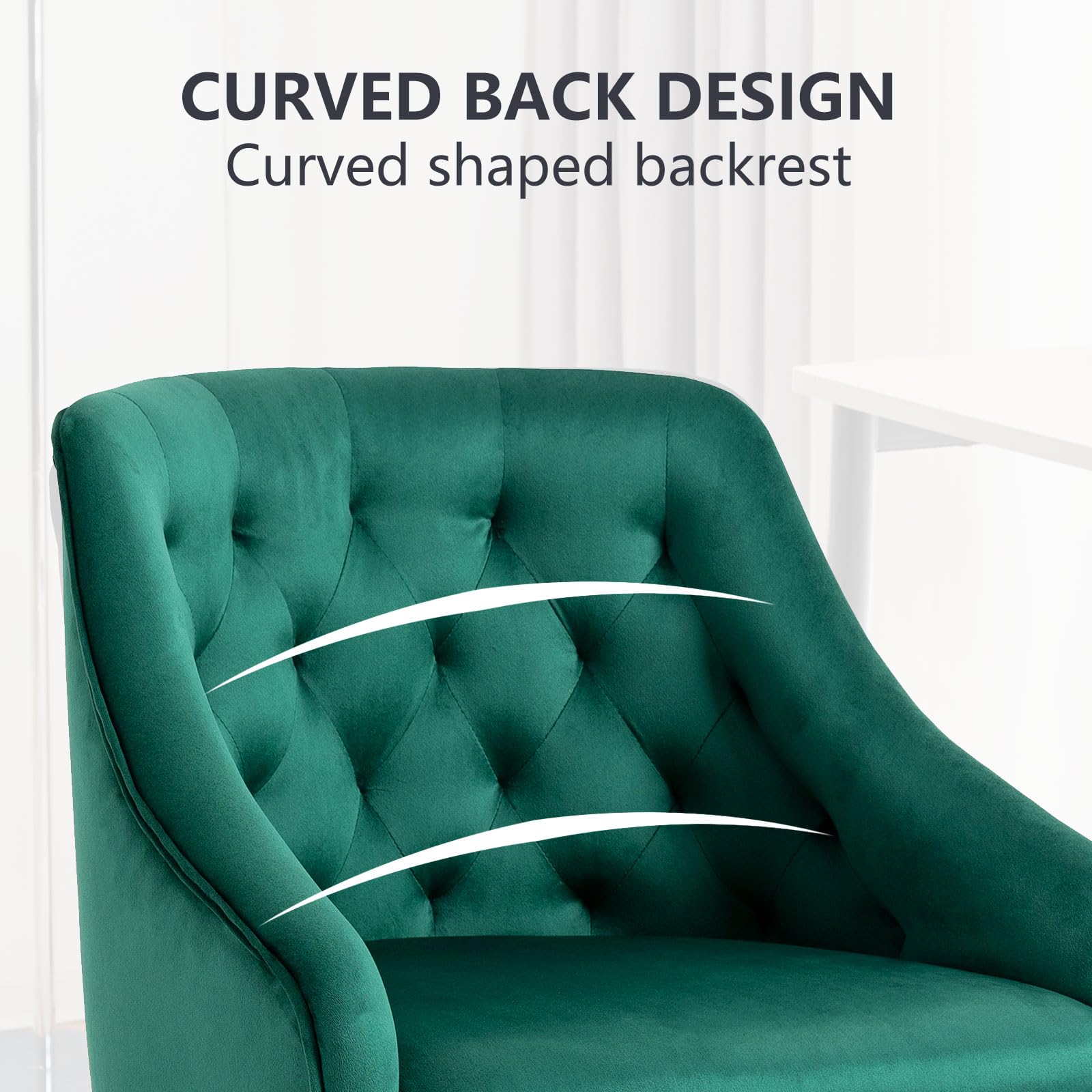 MOJAY Velvet Office Swivel Chair - Luxurious Fabric Desk Chair with 360° Rotation & Height Adjustment, Elegant Gold Base - Perfect for Home Office, Reception Areas & Vanity Desks (Green)
