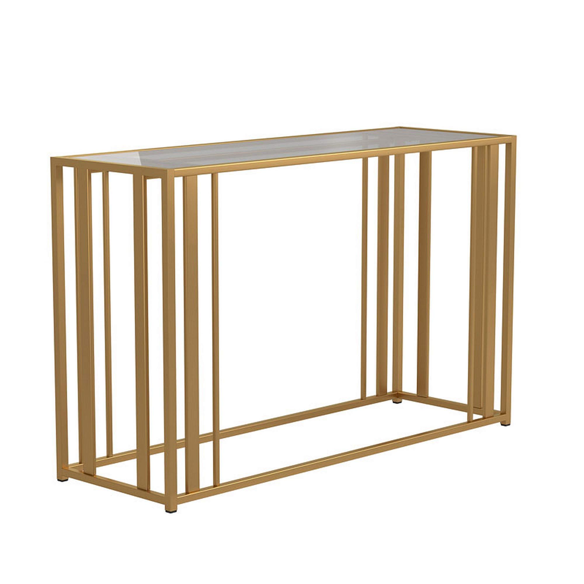 Benjara Modern Glass Top Sofa Table with Sturdy Metal Tubular Base in Brass Finish - Perfect for Living Room, Lounge & Home Decor