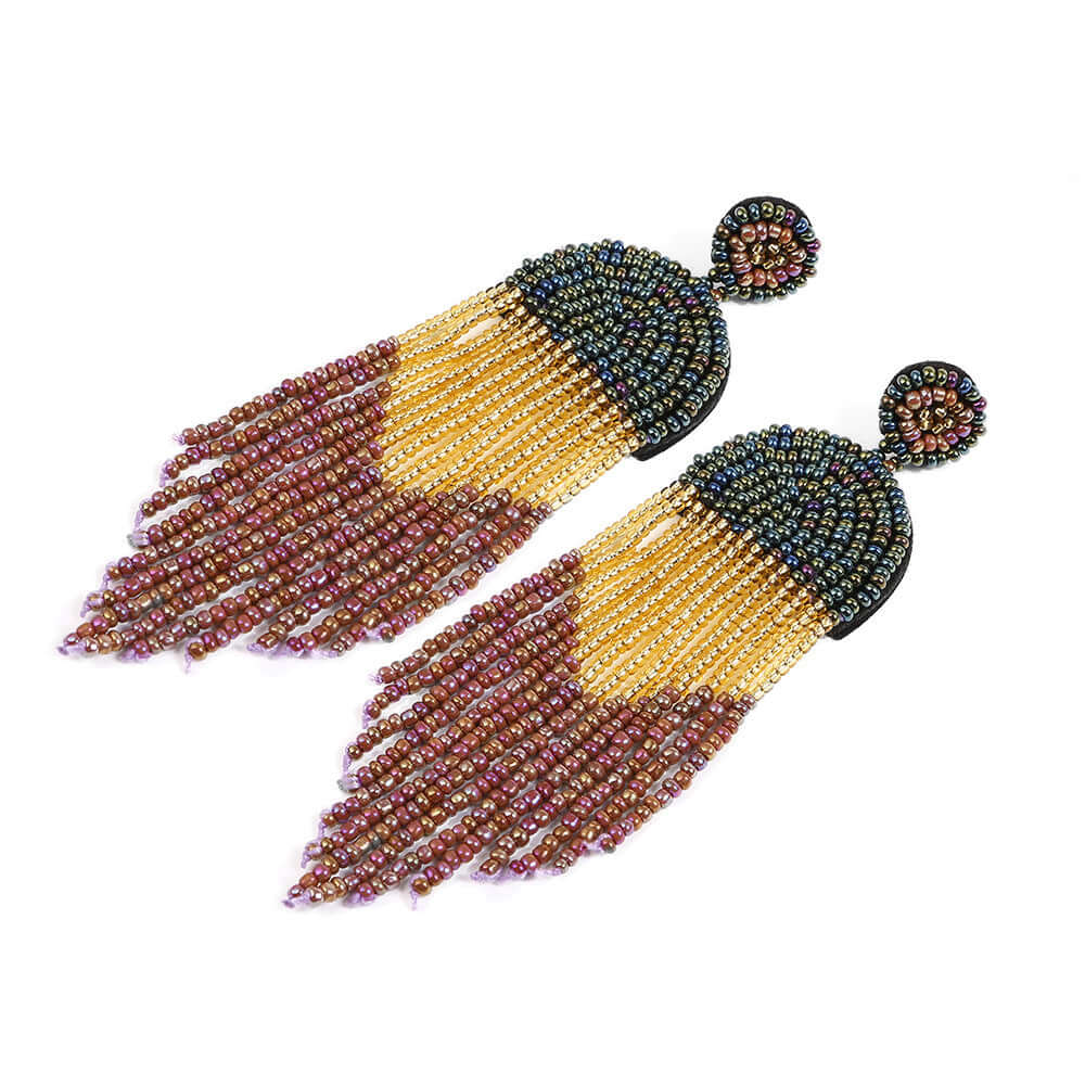 Bohemian Color Seed Beads Tassel Fringe Earrings for Women | Handmade Dangle Earrings with Natural Stones | Perfect for Festivals, Parties and Boho Fashion (Style E68671)