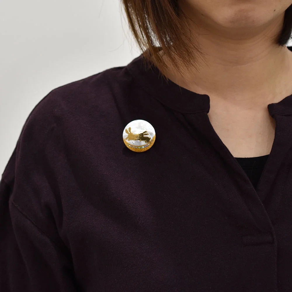 Handmade Japanese Maki-e Urushi Lacquer Brooch with White South Sea Pearl Shell - Rabbit Design Traditional Jewelry for Women, Gift for Collectors & Special Occasions