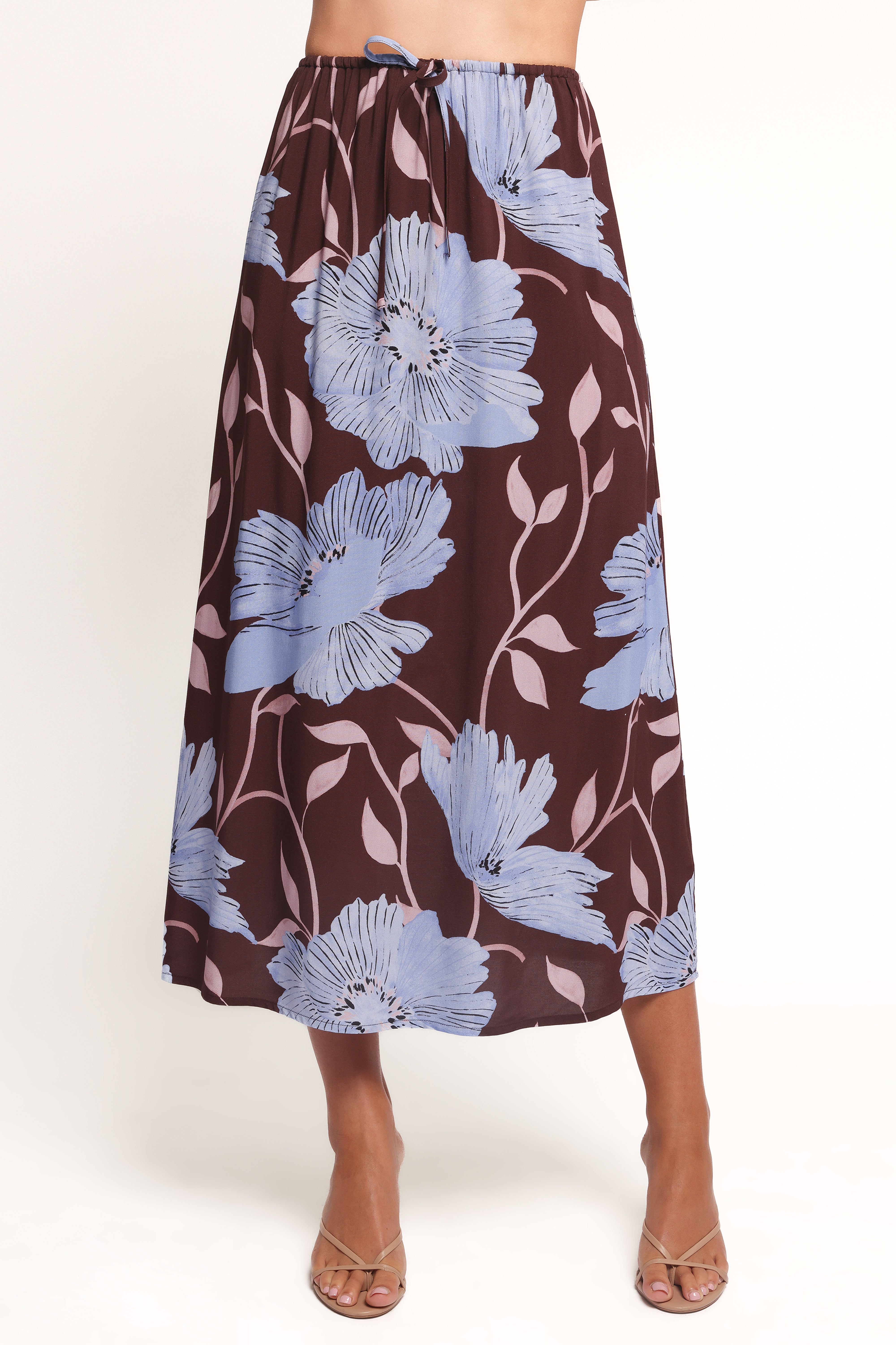 Angie Midi Skirt - Blue Poppies Floral Print | Women's Casual Summer Skirt for Beach, Vacation & Everyday Wear