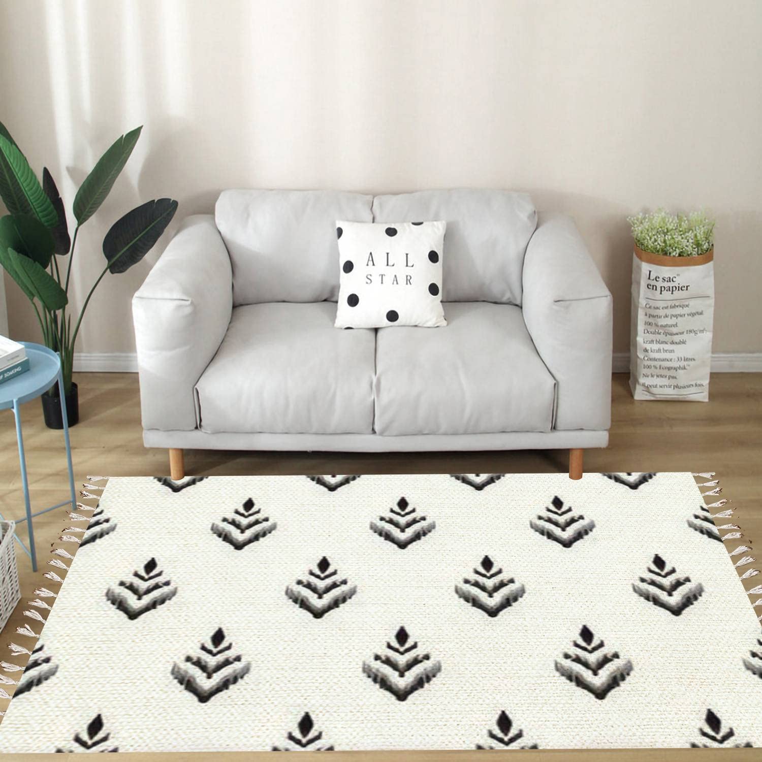 Vintage Cotton Linen Tassel Rug with Ikat & Geometric Boho Pattern - Washable Woven Area Carpet for Living Room, Bedroom, Kitchen, Bathroom & Outdoor Decor