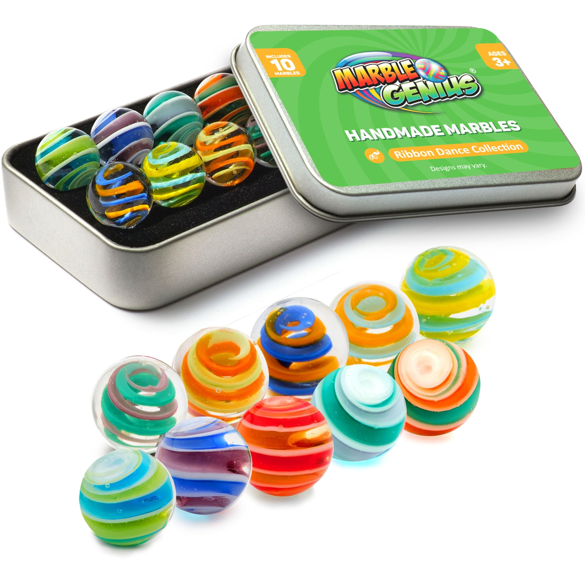 **Marble Genius Collectors Marbles - 16mm (5/8 Inch) Handmade Glass Marbles Set of 10 with Ribbons, Perfect Gift for Kids Ages 3+ & Marble Enthusiasts - Great for Games, Collections & Decorative Displays**