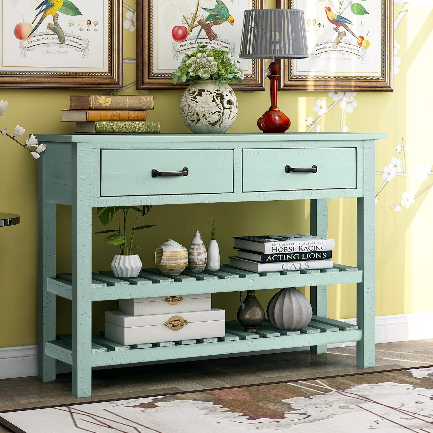 Vintage Blue Retro Bedside Table with Drawers and Shelf - Multi-Functional Sofa Side Table, Coffee Table, Console Table for Living Room, Bedroom & Entryway - Perfect for Small Spaces, Reading Nook & Home Decor