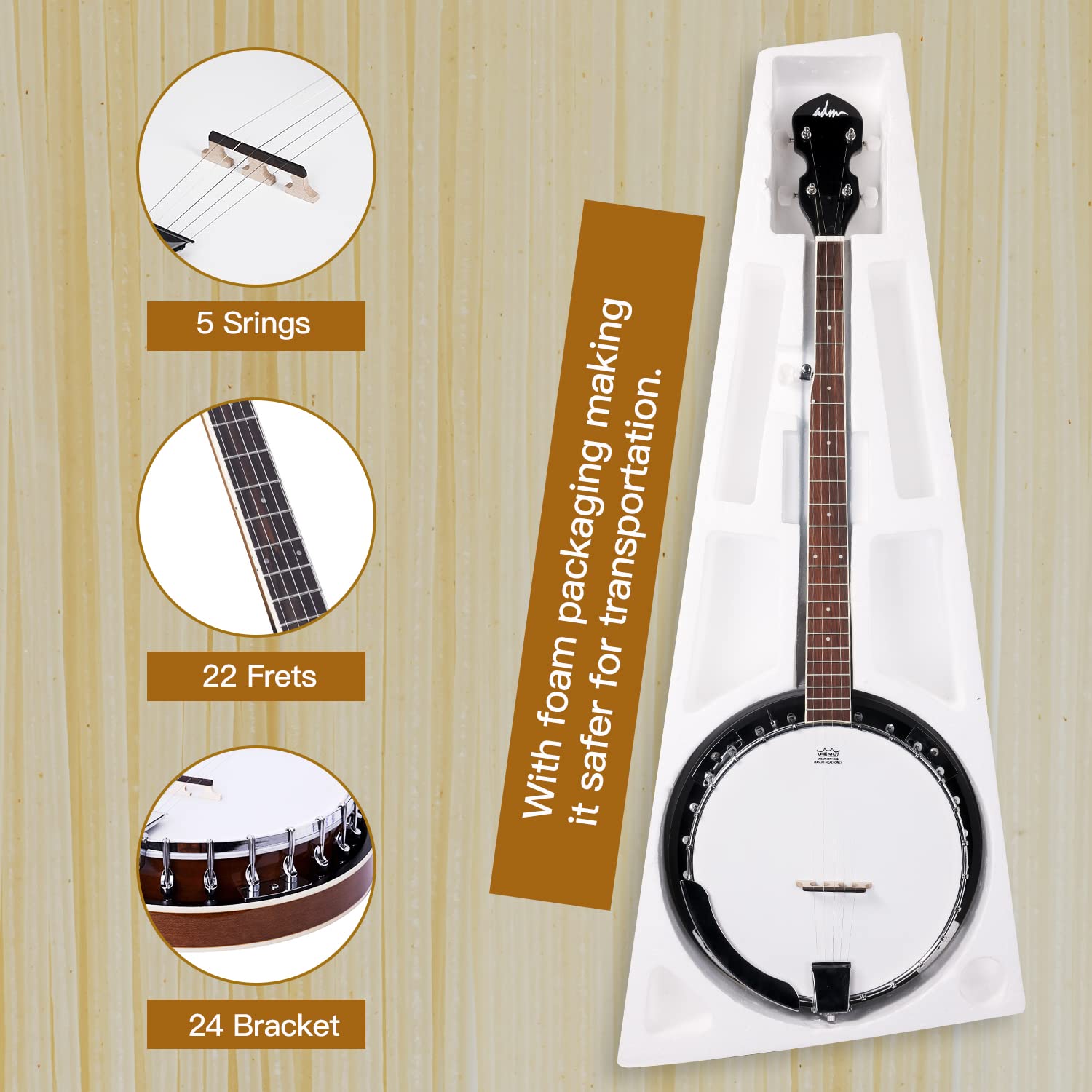 ADM 5-String Full Size Banjo Kit for Beginners - 38 Inch Resonator Banjo with Remo Drum Head, Open/Closed Back Options, Free Lessons & Starter Accessories - Perfect Gift for Adults & Teens (Brown) - Ideal for Bluegrass, Folk Music & Country Performances