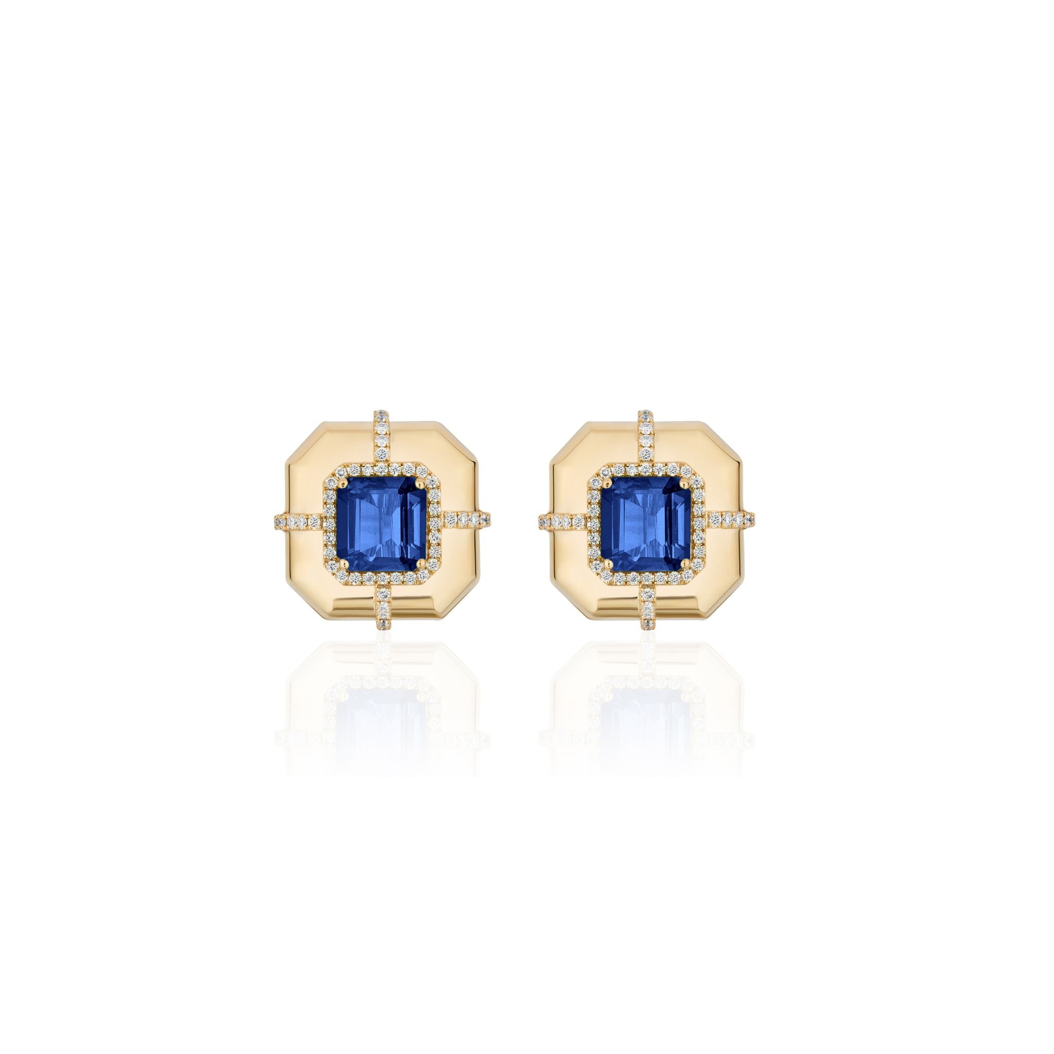 Goshwara Asscher Cut London Blue Topaz & Diamond 18K Gold Stud Earrings | Elegant Jewelry for Women | Perfect for Weddings, Parties & Special Occasions