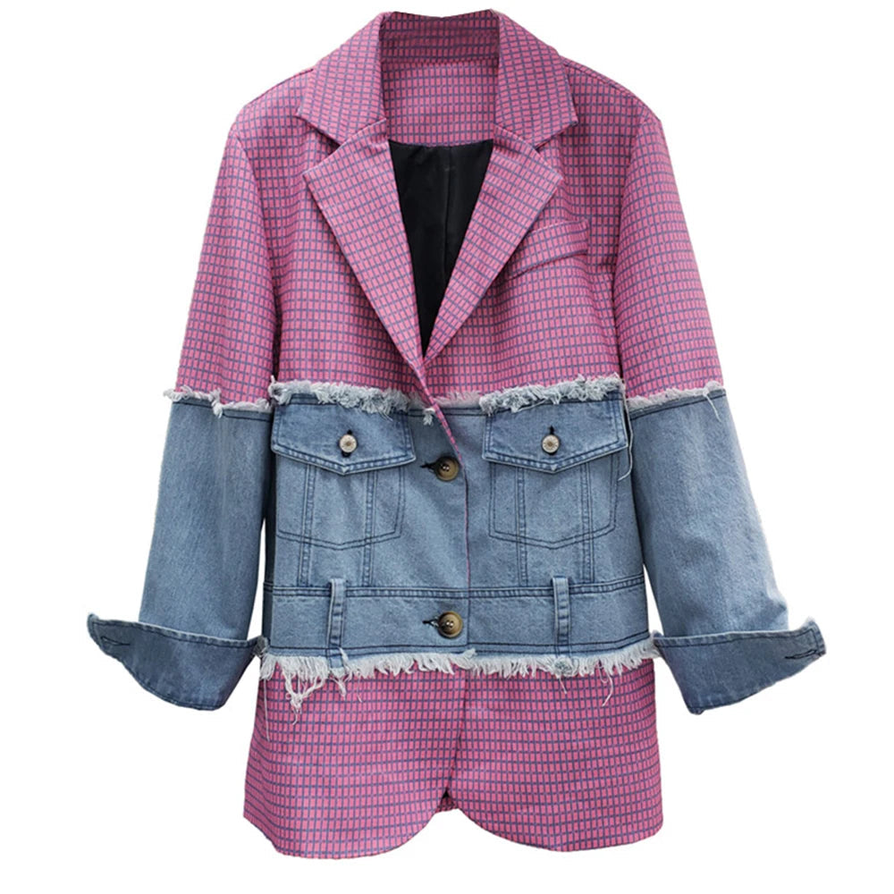 Women's Colorblock Patchwork Denim Jacket - Long Sleeve Lapel Casual Coat for Fall Fashion | Perfect for Autumn Outfits, Date Nights & Casual Street Style