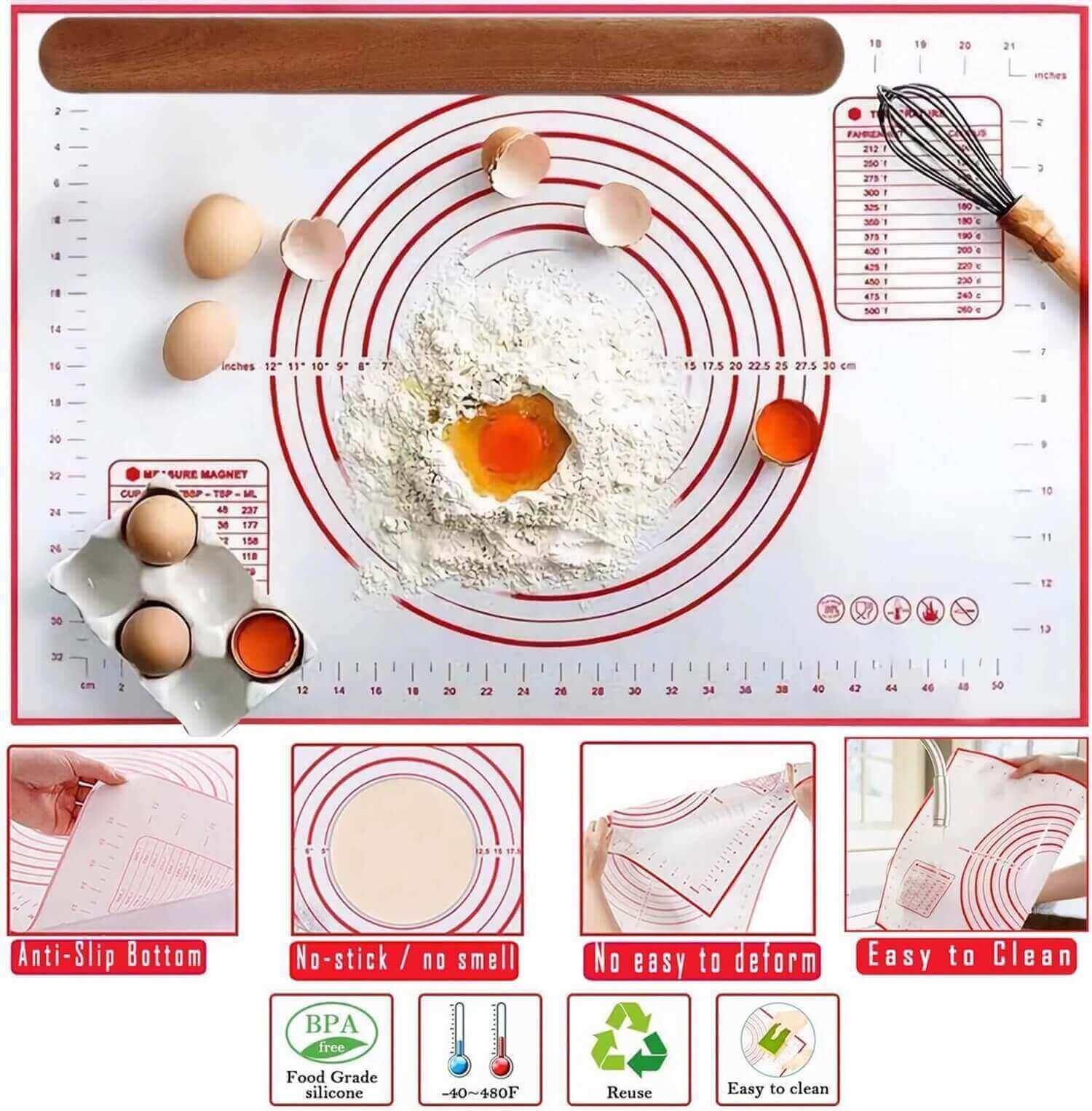 Wooden Rolling Pin & Non-Stick Silicone Baking Mat Set - Premium French Pastry Roller & Dough Mat for Bread, Cookies, Tortillas, Pasta, Pizza - Perfect for Home Baking, Kitchen Essentials & Holiday Cooking Gifts