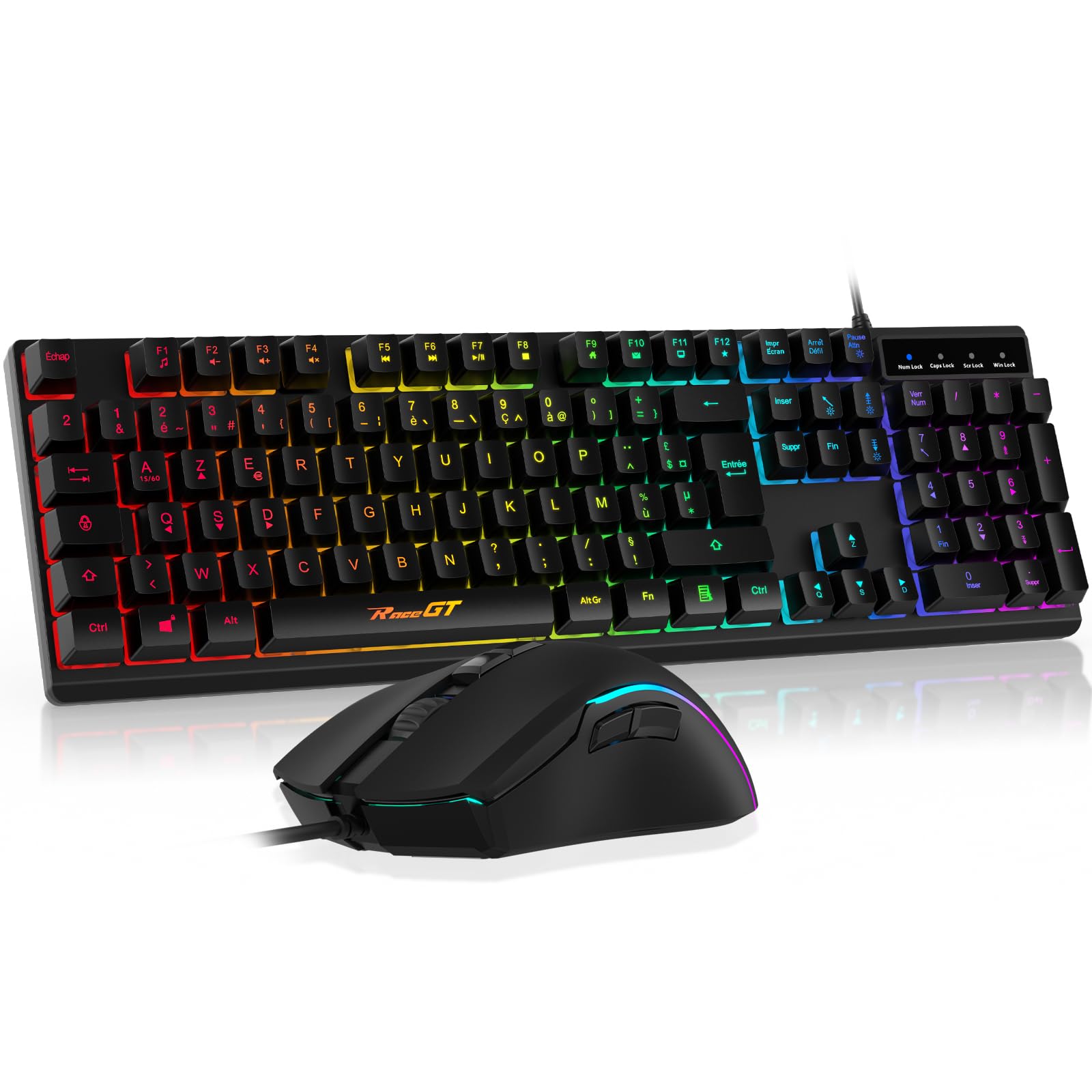 RaceGT Gaming Keyboard and Mouse Combo - Wired Ergonomic Backlit Keyboard with Silent Keys & Numeric Pad - Compatible with Windows, MacOS, Linux (AZERTY Layout, Black) - Perfect for Gaming, Office Work & Programming
